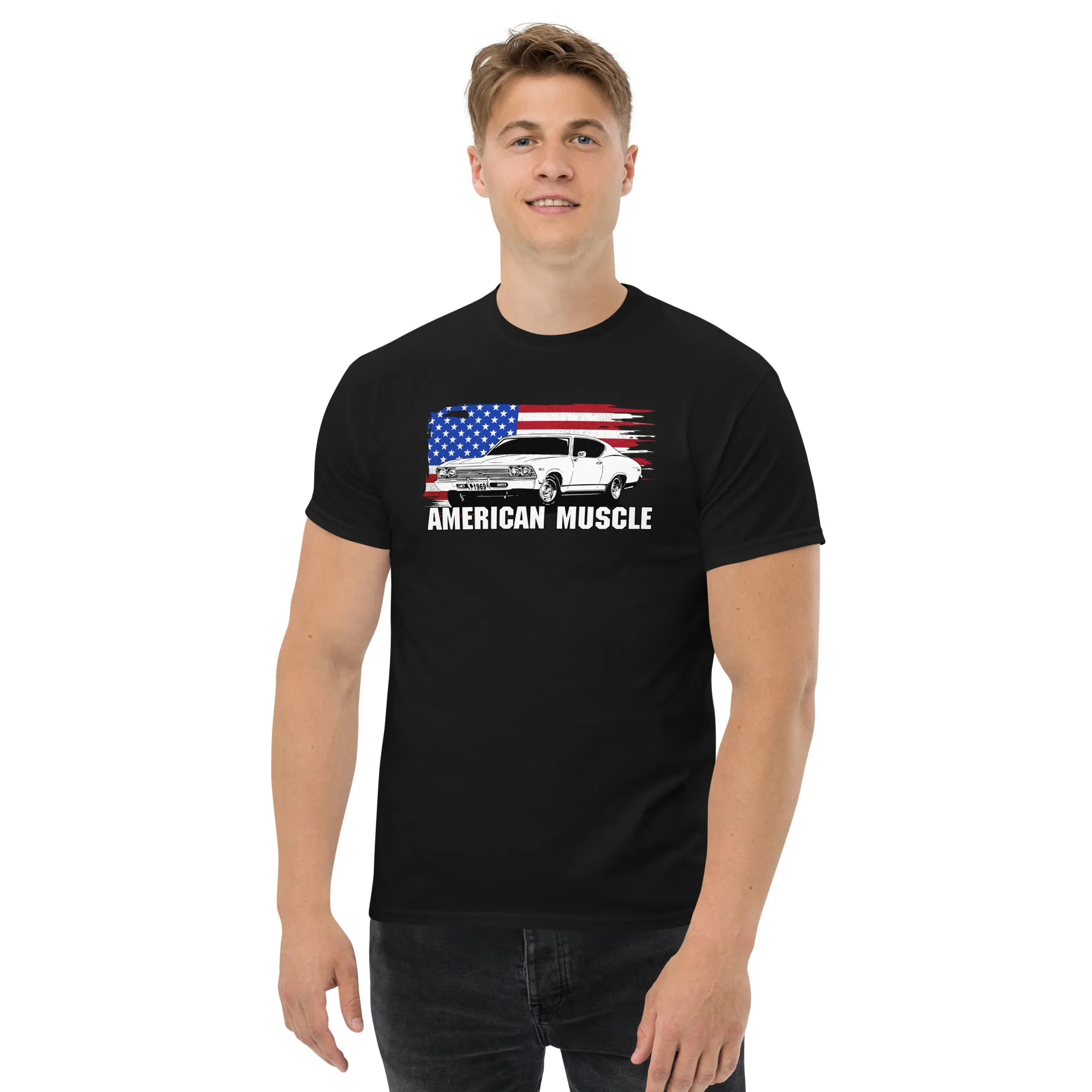 1969 Chevelle Car T-Shirt American Muscle With American Flag