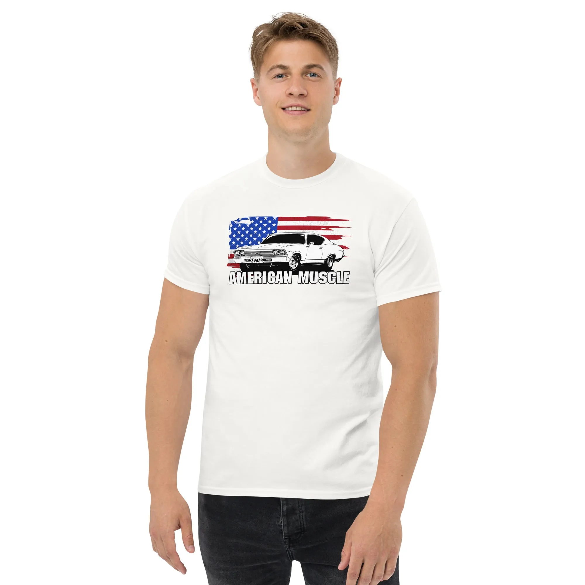 1969 Chevelle Car T-Shirt American Muscle With American Flag