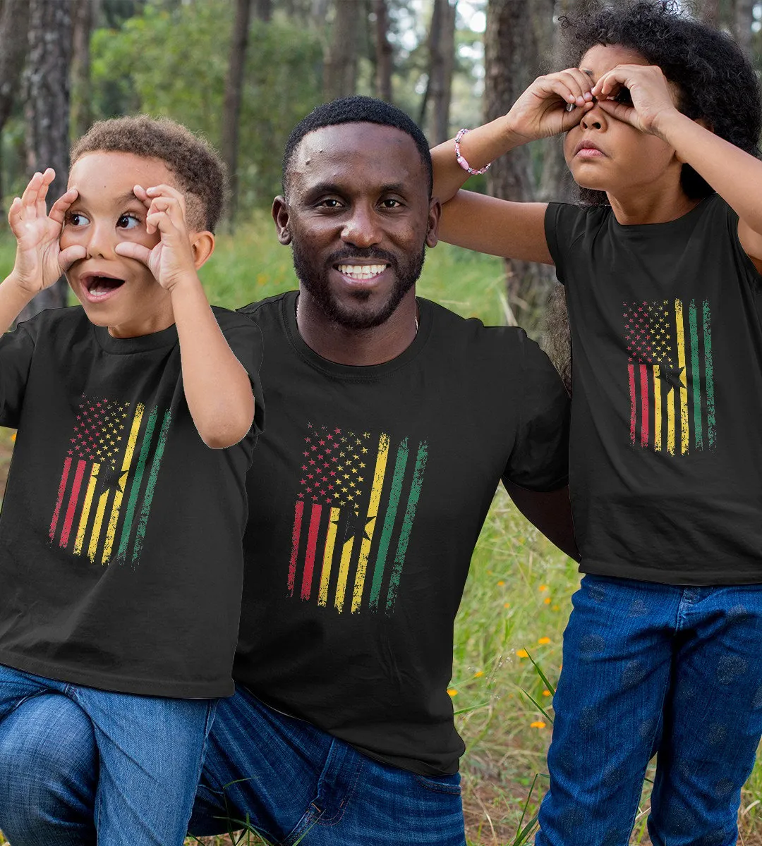 1sttheworld T-Shirt - Ghanaian American Flag Roots Republic T-Shirt Black A35