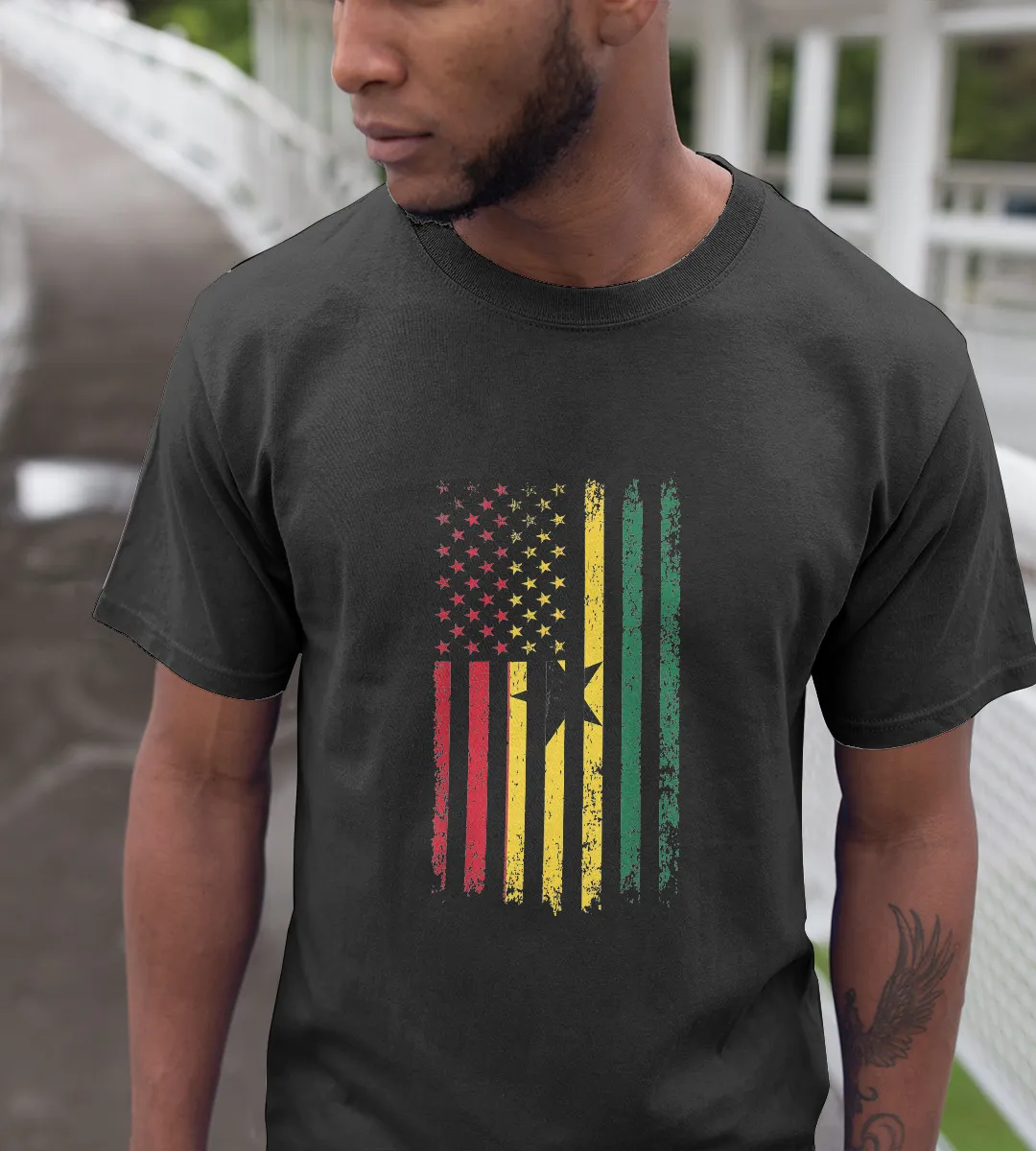 1sttheworld T-Shirt - Ghanaian American Flag Roots Republic T-Shirt Black A35