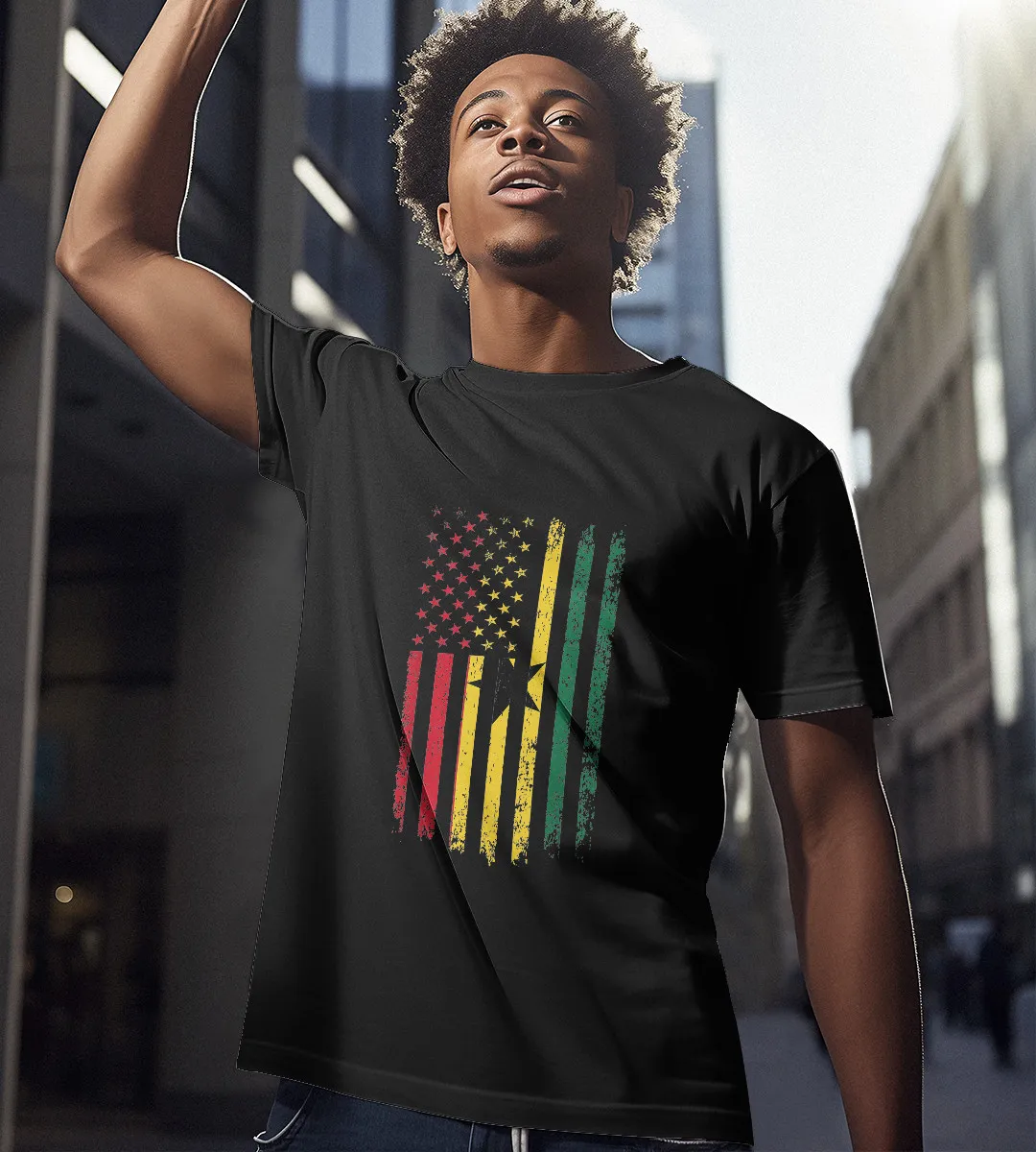 1sttheworld T-Shirt - Ghanaian American Flag Roots Republic T-Shirt Black A35