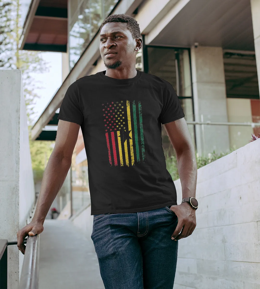 1sttheworld T-Shirt - Ghanaian American Flag Roots Republic T-Shirt Black A35