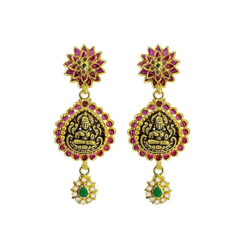 22K Yellow Gold Necklace & Earrings Set W/ CZ, Ruby, Emeralds, Pear Shaped Laxmi Pendants & Gold Ball Accents