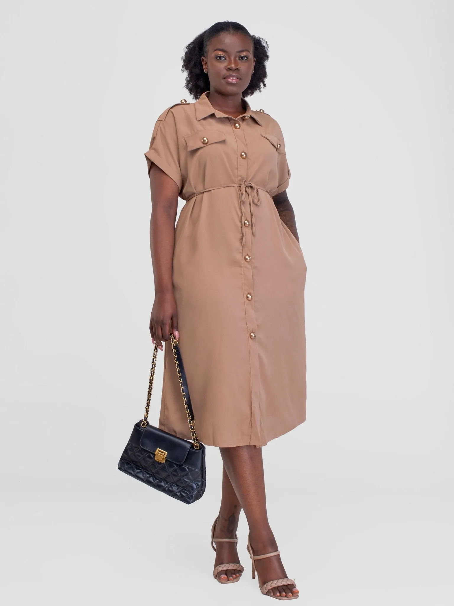 Alara Button Down  S/Sleeved With Double Pockets Cargo Like Dress - Brown