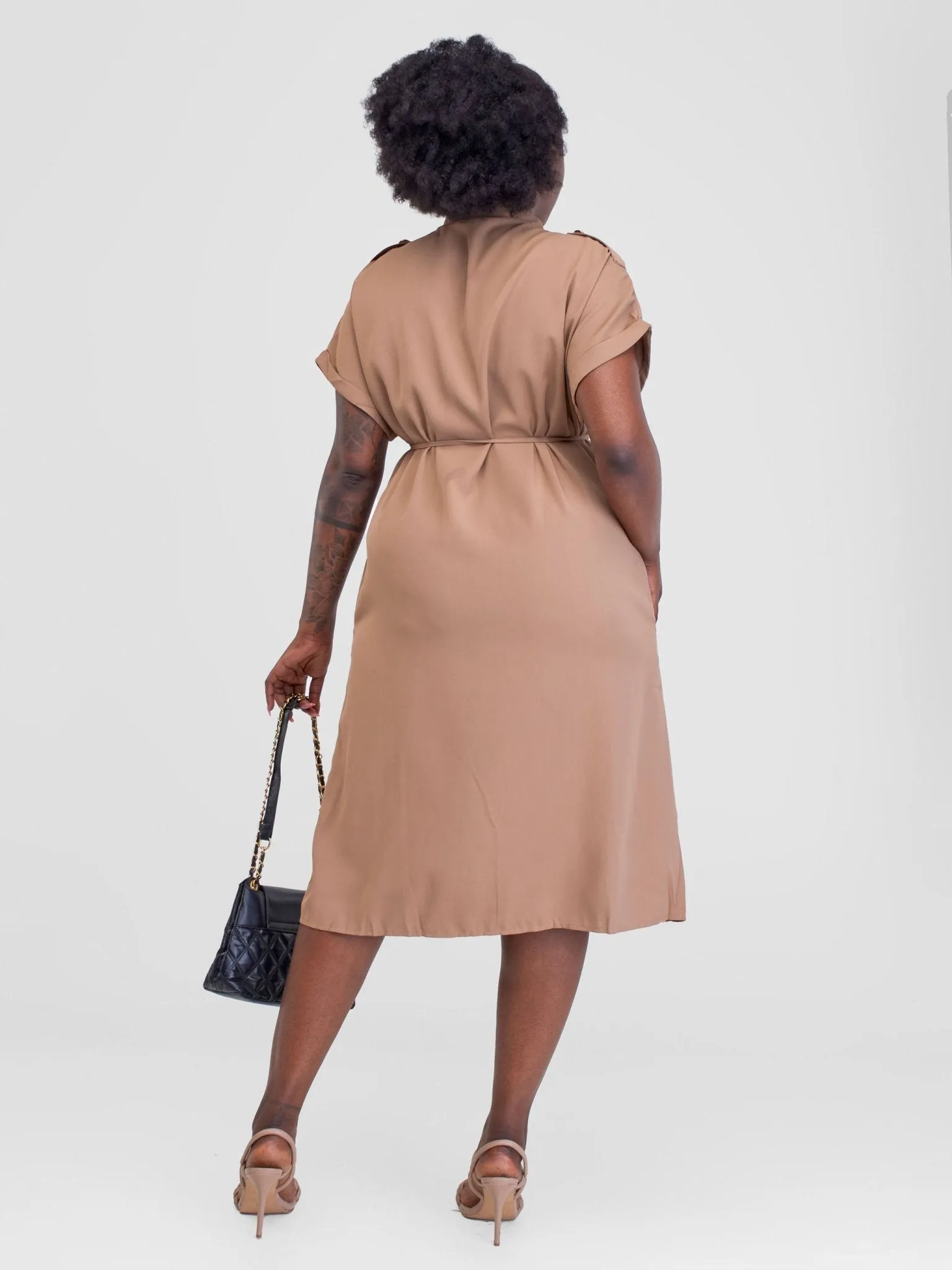 Alara Button Down  S/Sleeved With Double Pockets Cargo Like Dress - Brown