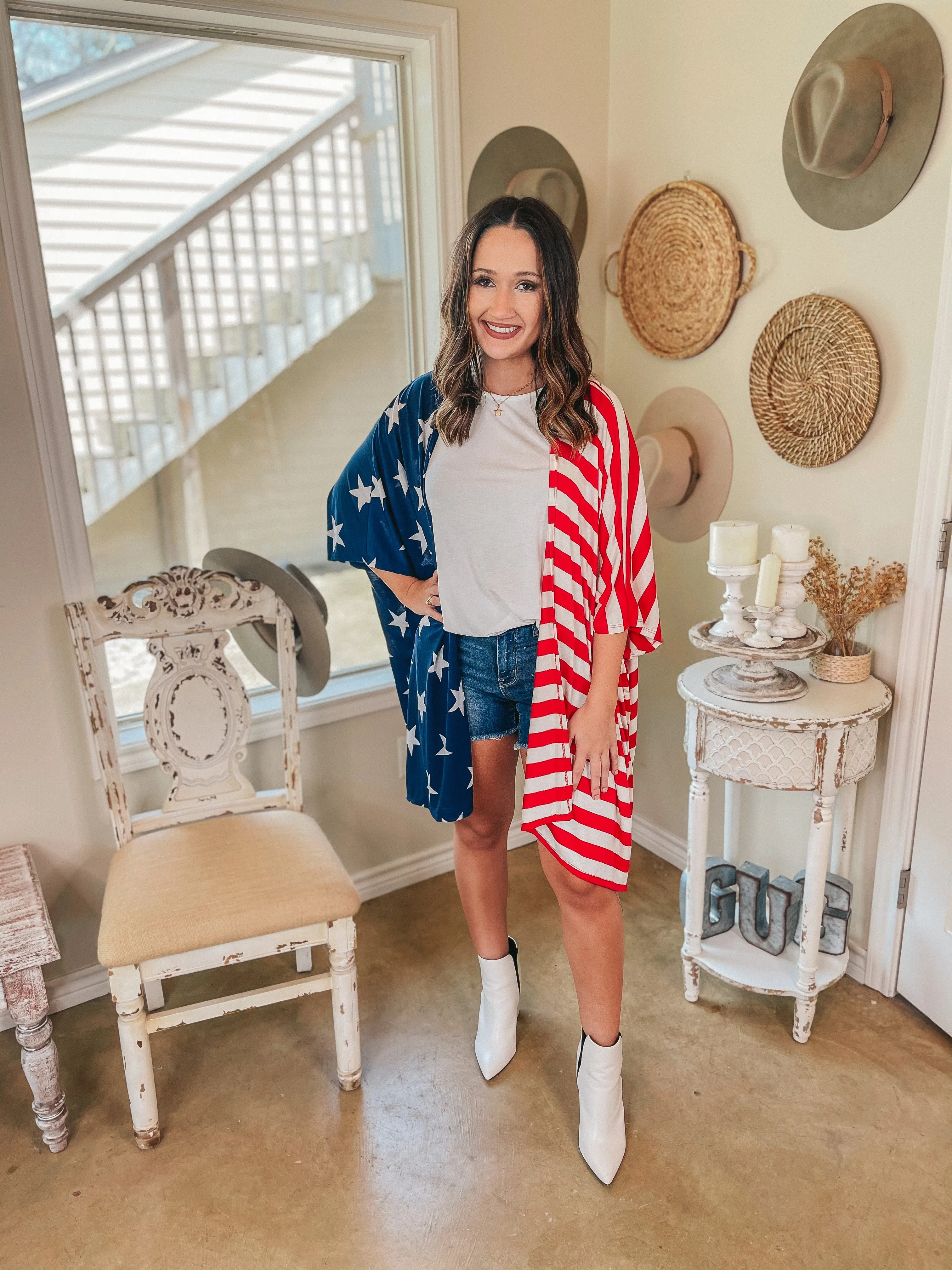 American Sweetheart Stars and Stripes Drop Sleeve Kimono in Red, White, and Blue