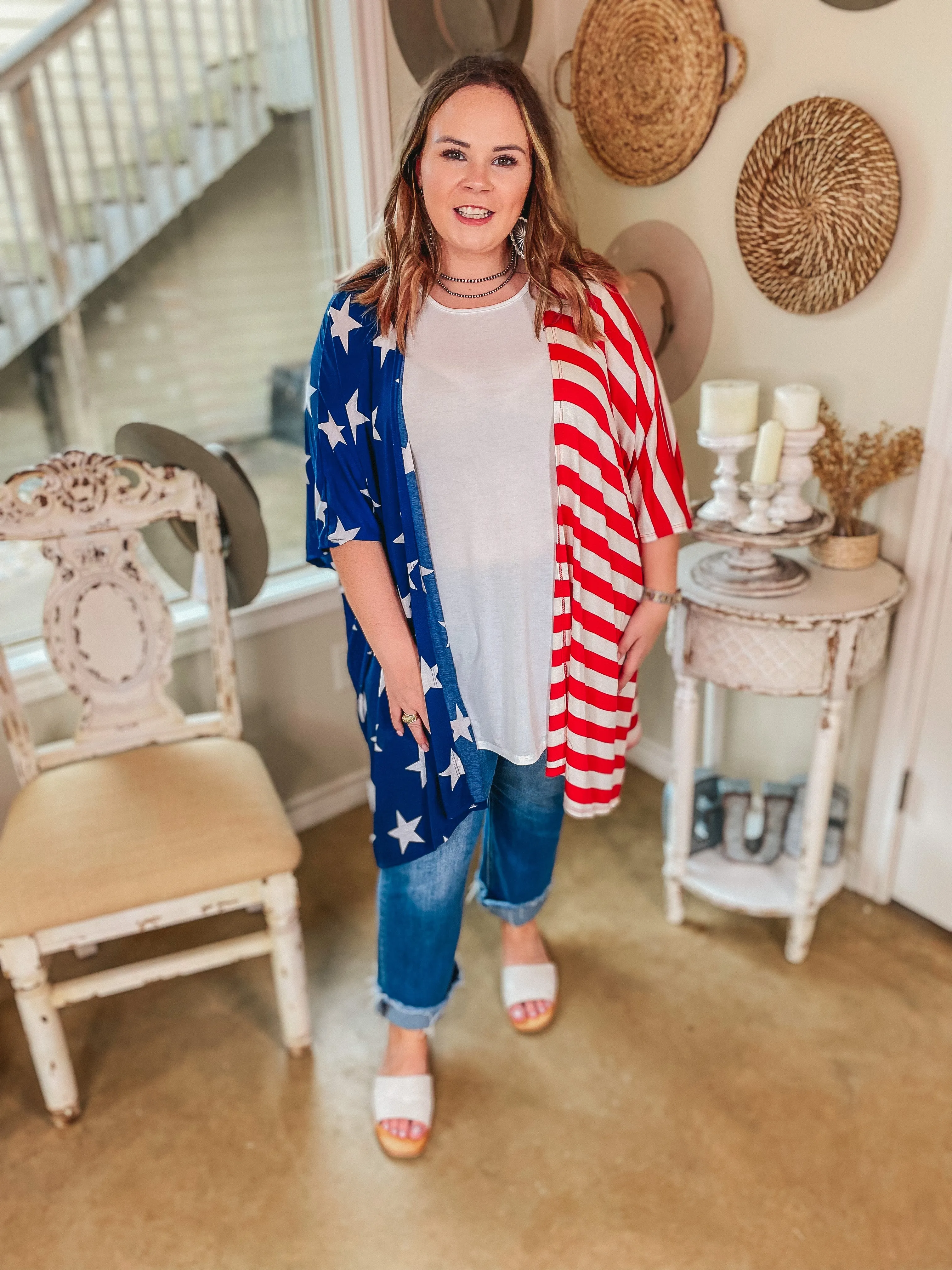 American Sweetheart Stars and Stripes Drop Sleeve Kimono in Red, White, and Blue