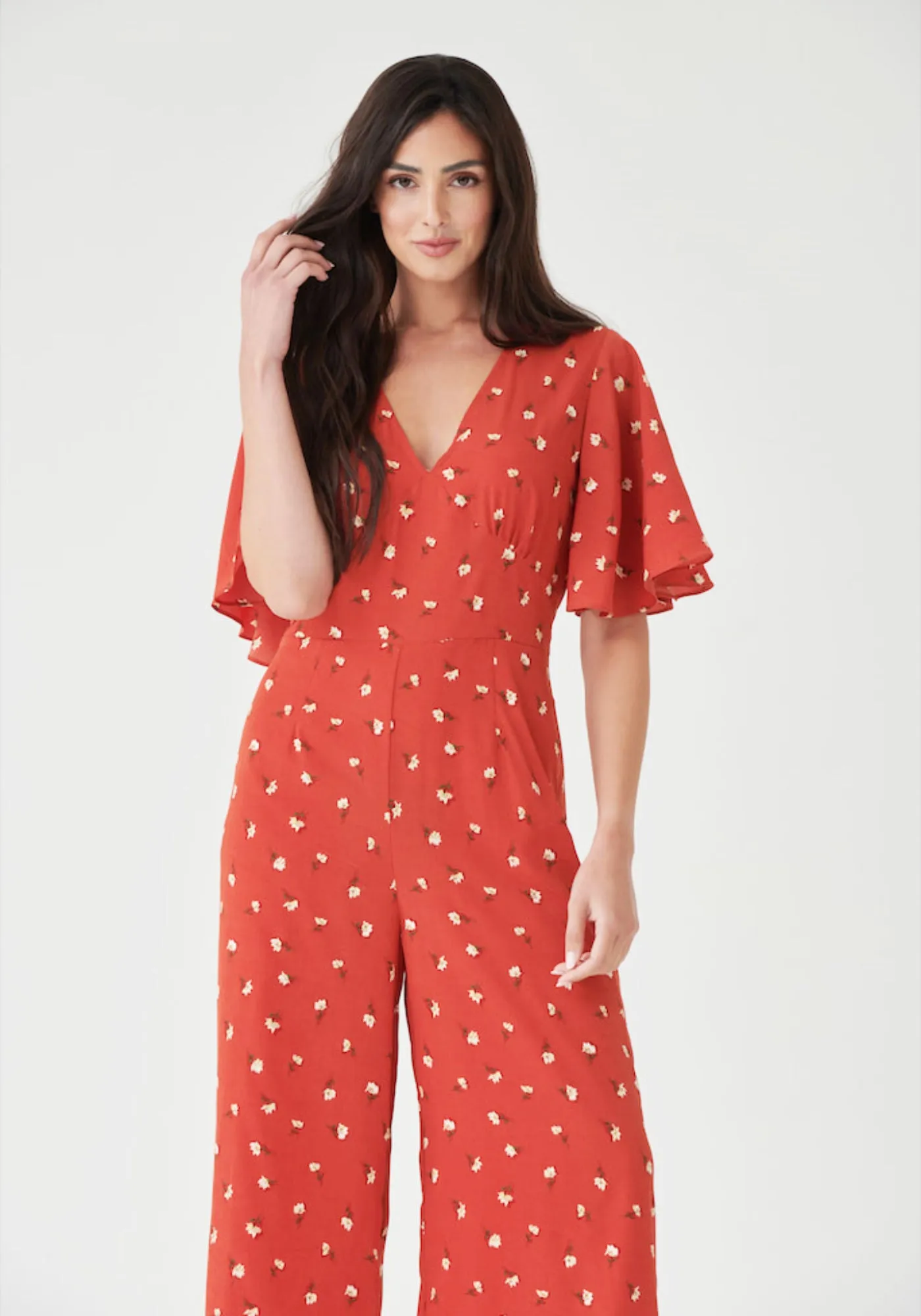 Angel Sleeve Jumpsuit in Red Ditsy Floral - Outlet