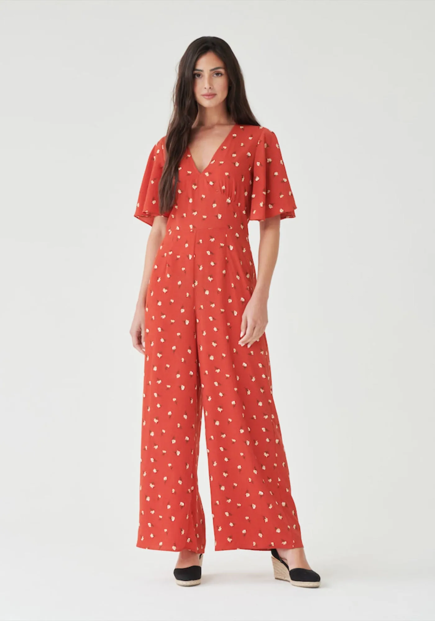 Angel Sleeve Jumpsuit in Red Ditsy Floral - Outlet