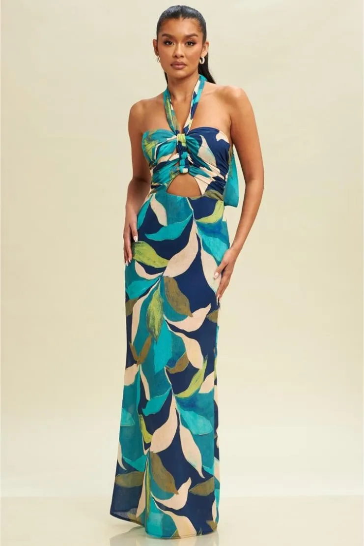 Aura Halter Linen Maxi Dress - Navy