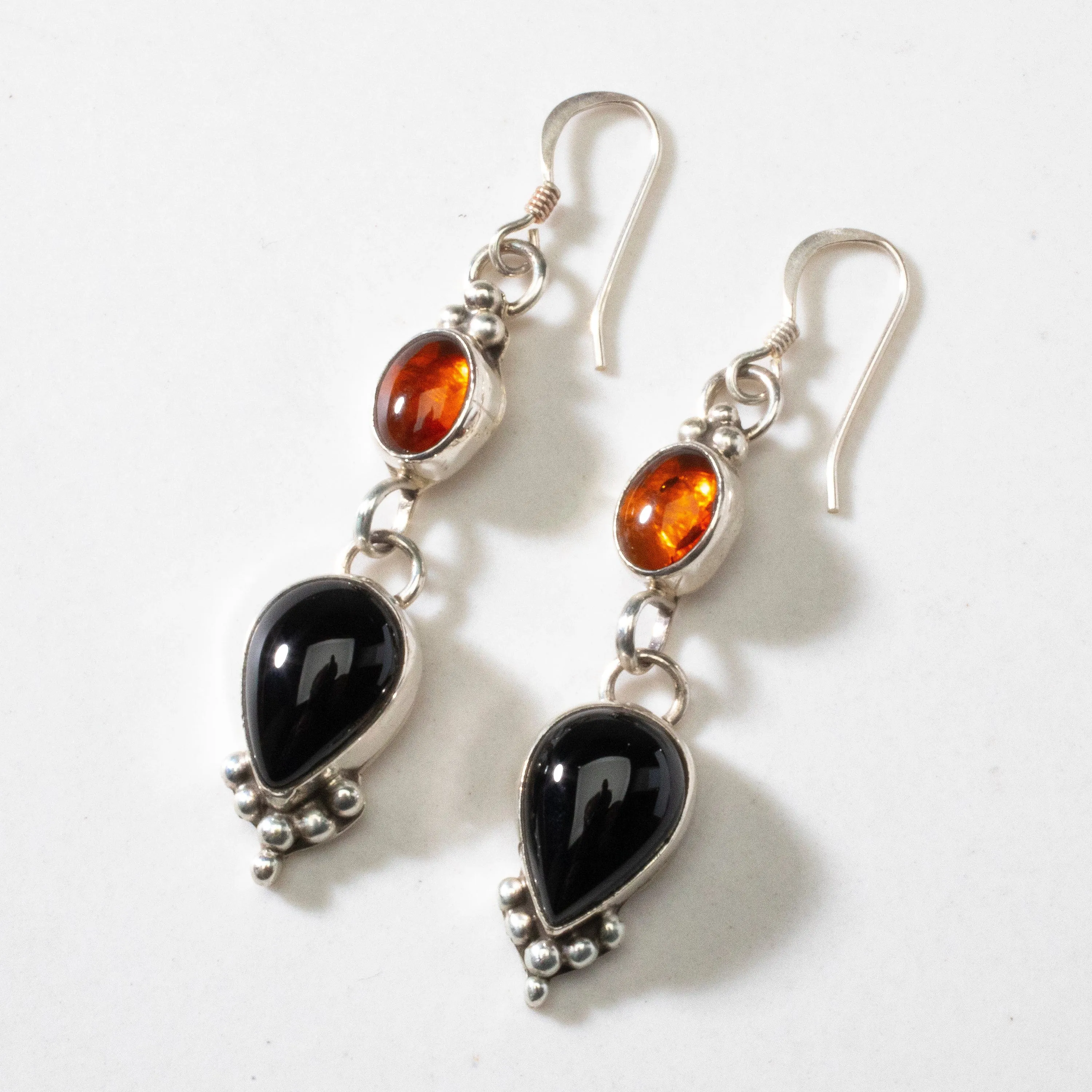 Baltic Amber & Black Onyx Dangle Navajo USA Native American Made 925 Sterling Silver Earrings with French Hook