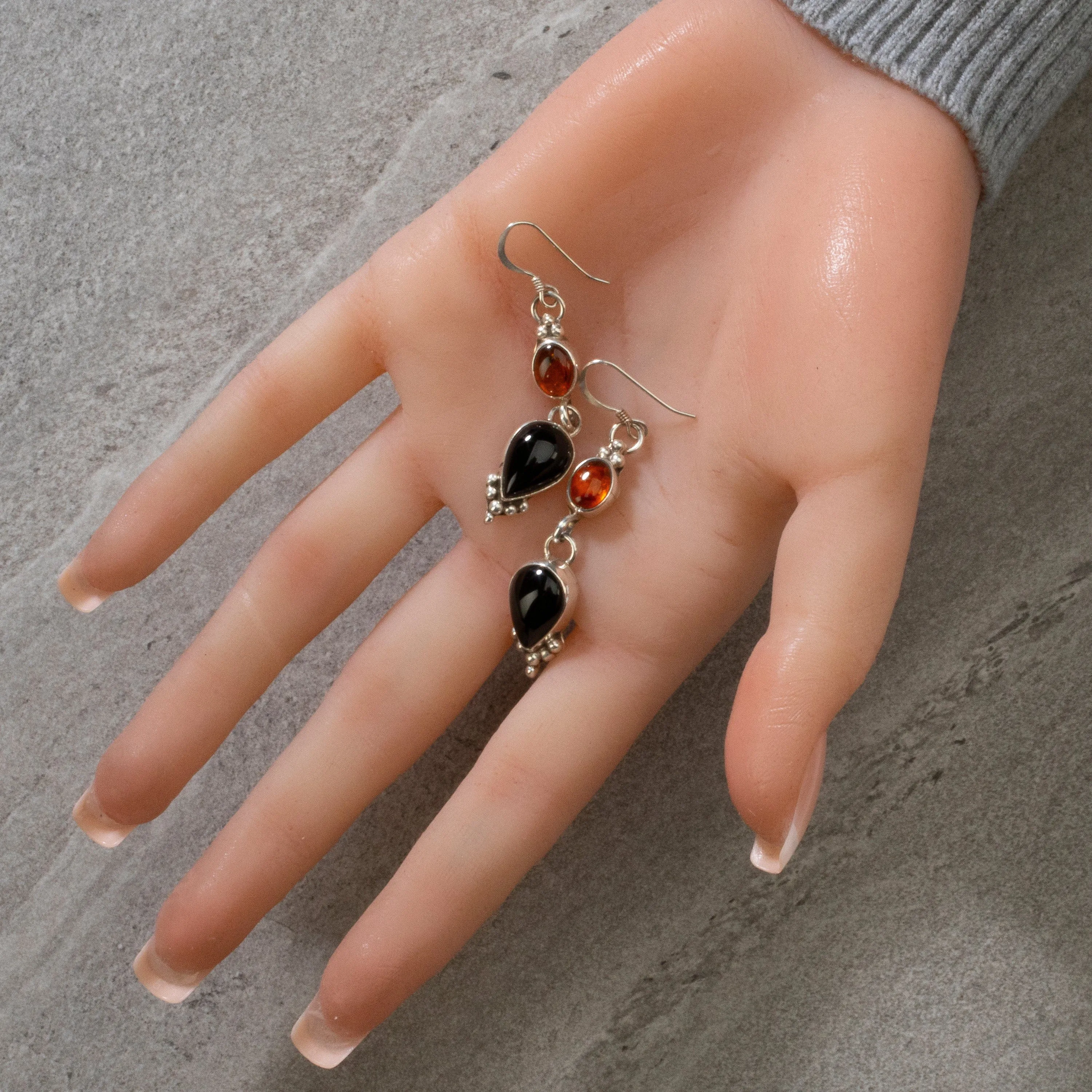 Baltic Amber & Black Onyx Dangle Navajo USA Native American Made 925 Sterling Silver Earrings with French Hook