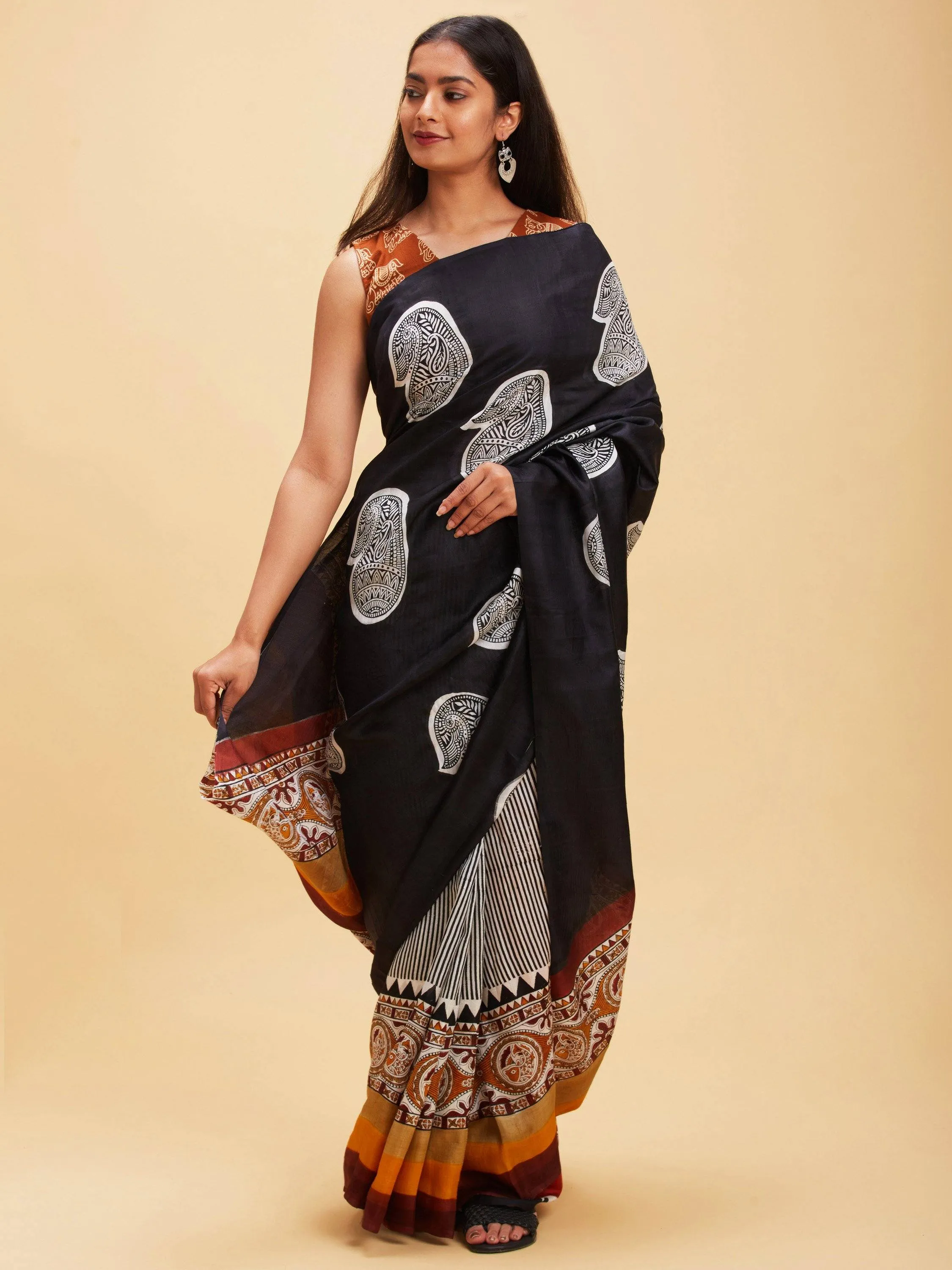 Black Mango Motif Pure Silk Saree