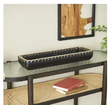 BLACK MANGO WOOD HANDMADE NESTING TRAY WITH HAND SEWN SEAGRASS ACCENTS, 24" X 7" X 4"