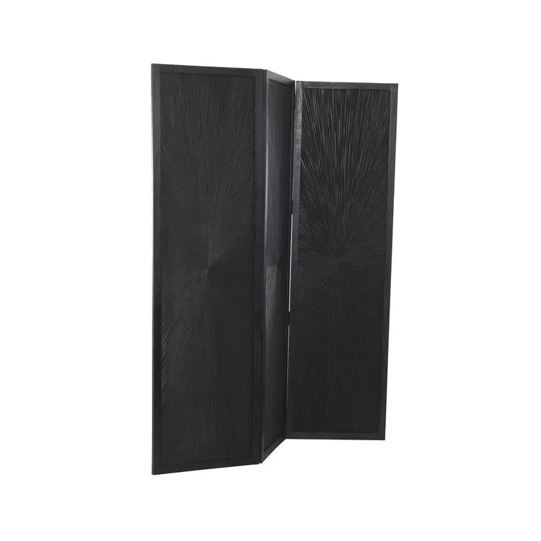 BLACK MANGO WOOD HINGED FOLDABLE PARTITION 3 PANEL ROOM DIVIDER SCREEN WITH CARVED DESIGN