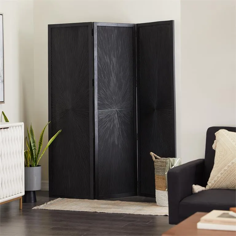 BLACK MANGO WOOD HINGED FOLDABLE PARTITION 3 PANEL ROOM DIVIDER SCREEN WITH CARVED DESIGN