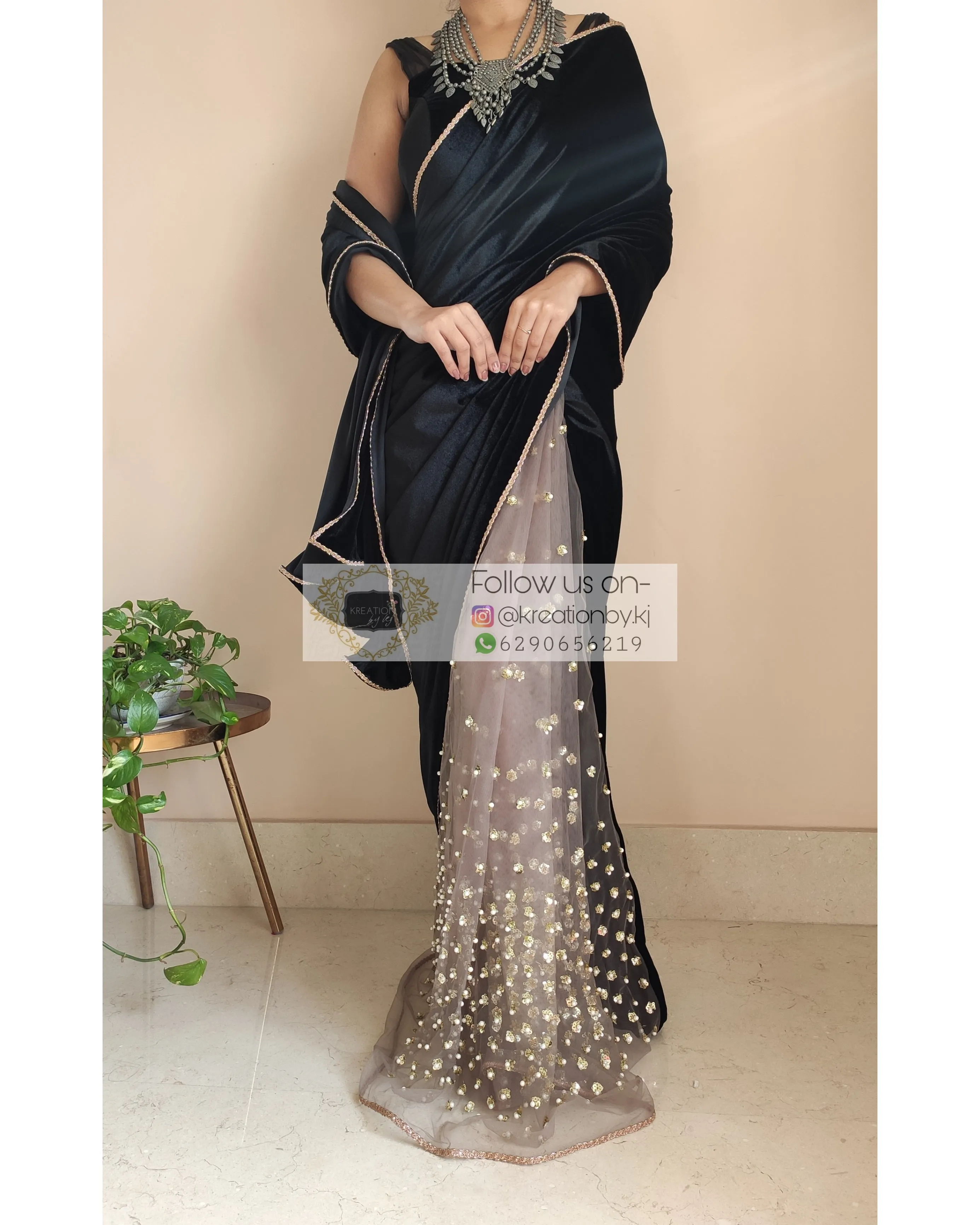 Black Velvet And Chocolate Net Embellished Saree