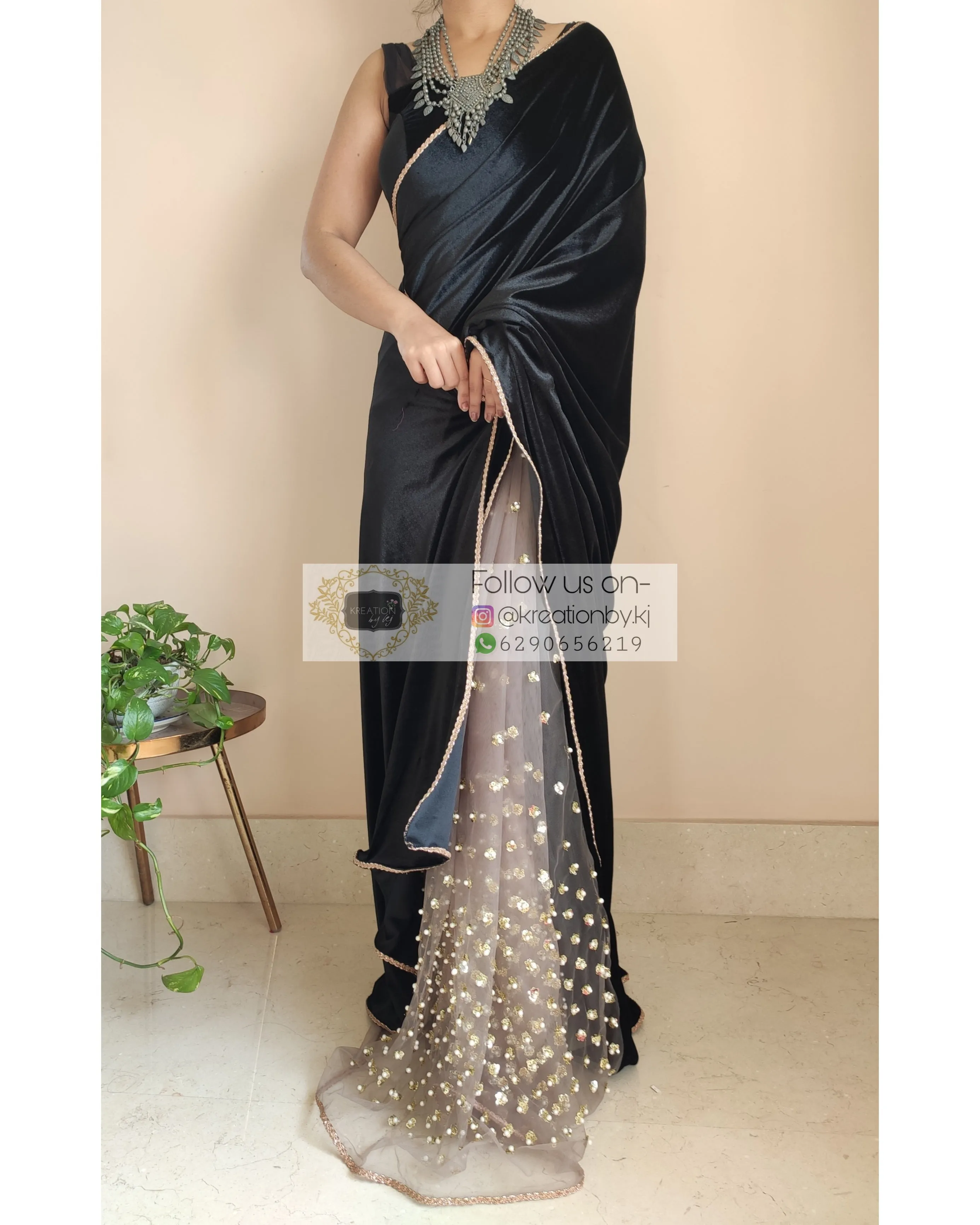 Black Velvet And Chocolate Net Embellished Saree