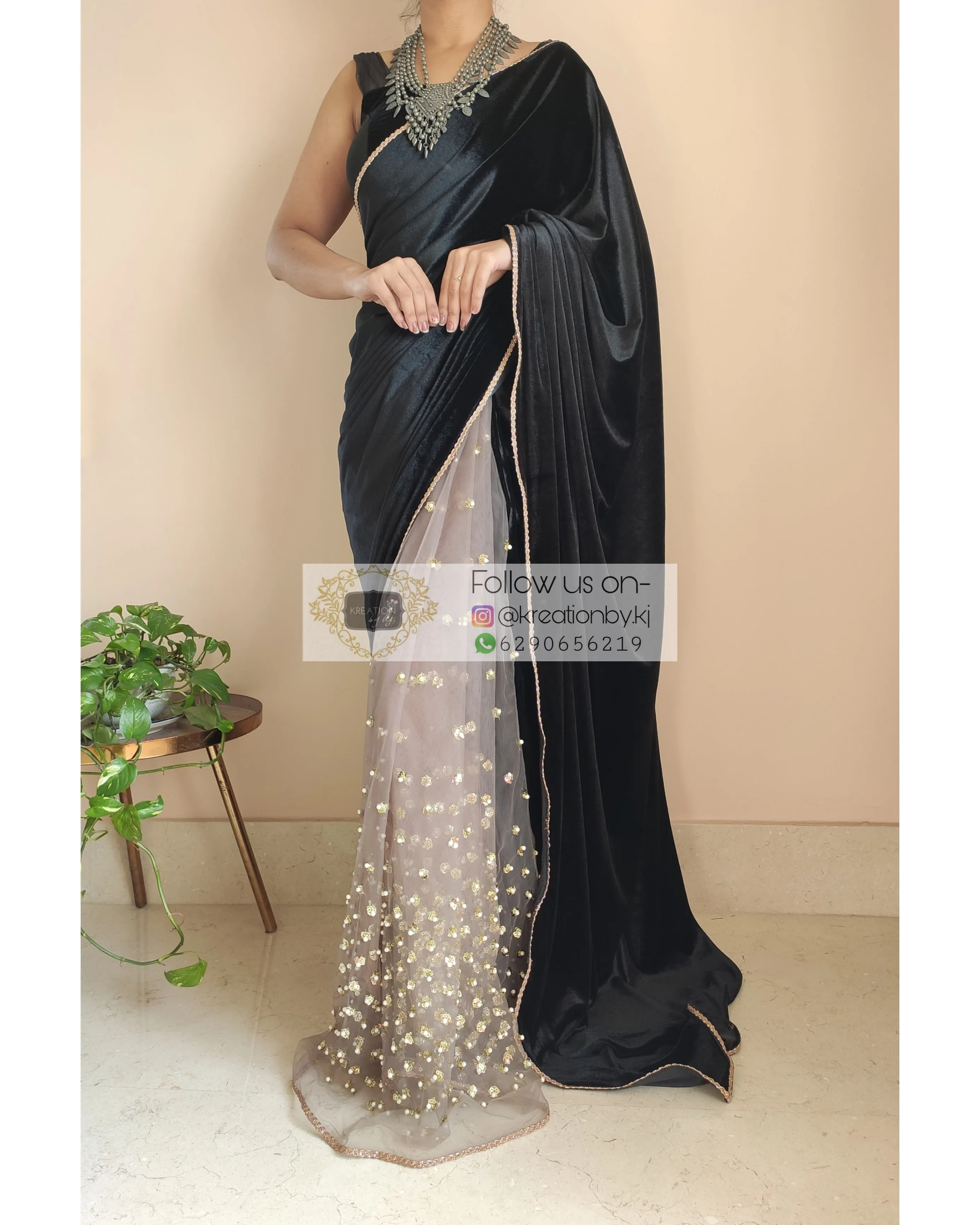 Black Velvet And Chocolate Net Embellished Saree