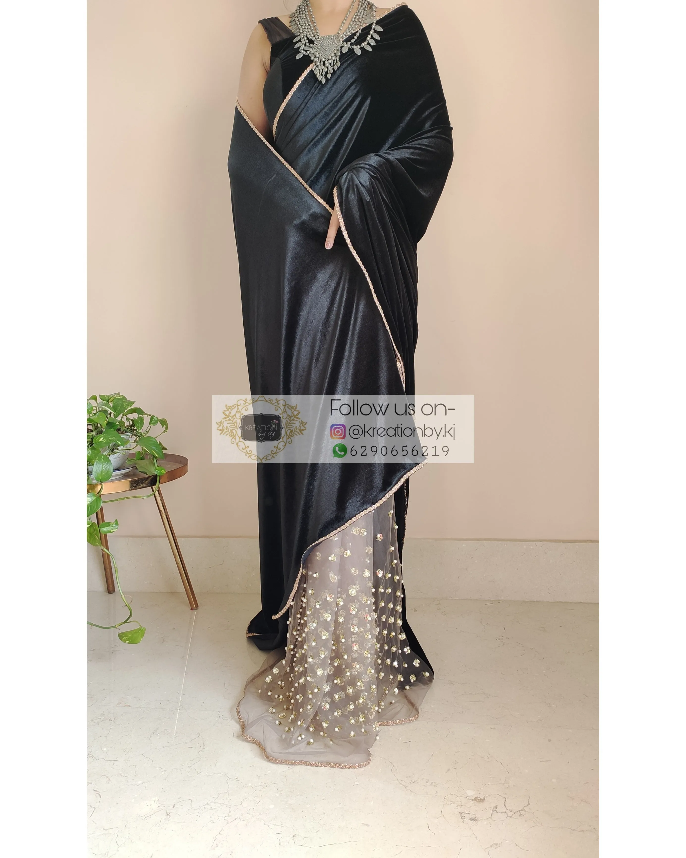 Black Velvet And Chocolate Net Embellished Saree