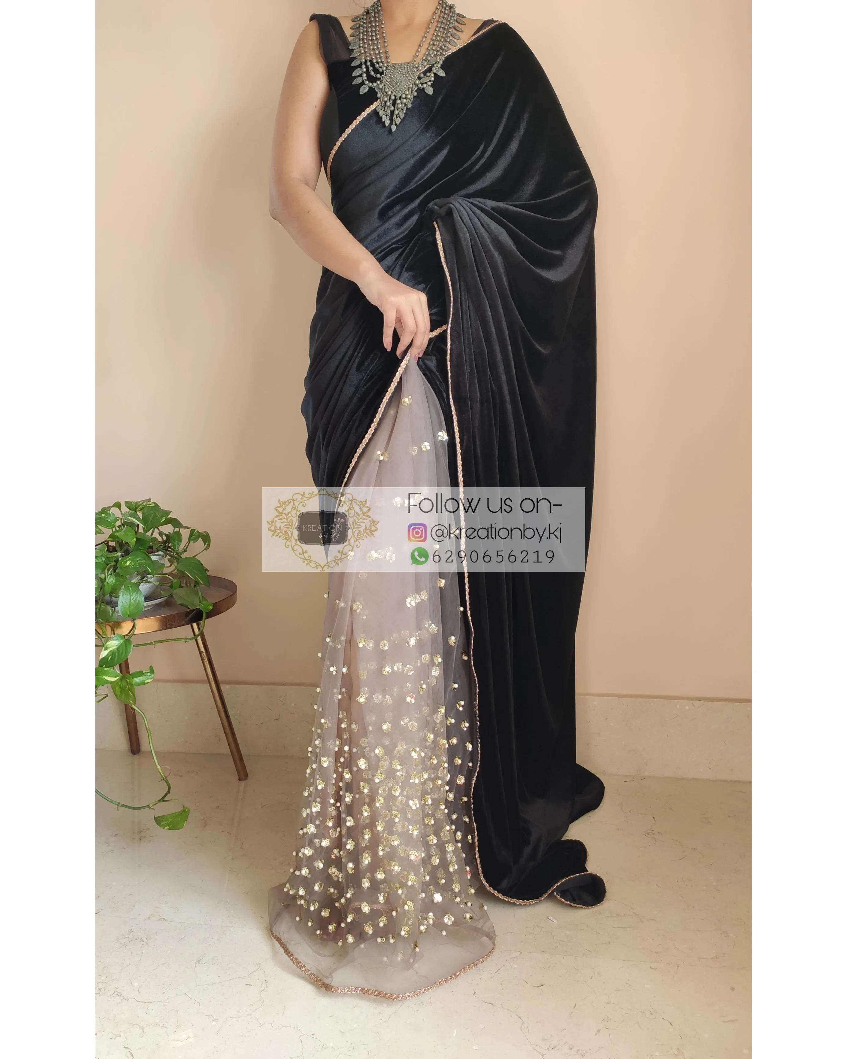 Black Velvet And Chocolate Net Embellished Saree