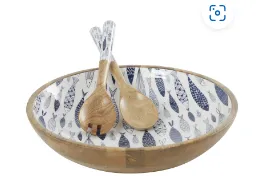 BLUE MANGO WOOD HANDMADE DECORATIVE BOWL WITH MATCHING SALAD SERVING UTENSILS, SET OF 3 15", 11", 11"W