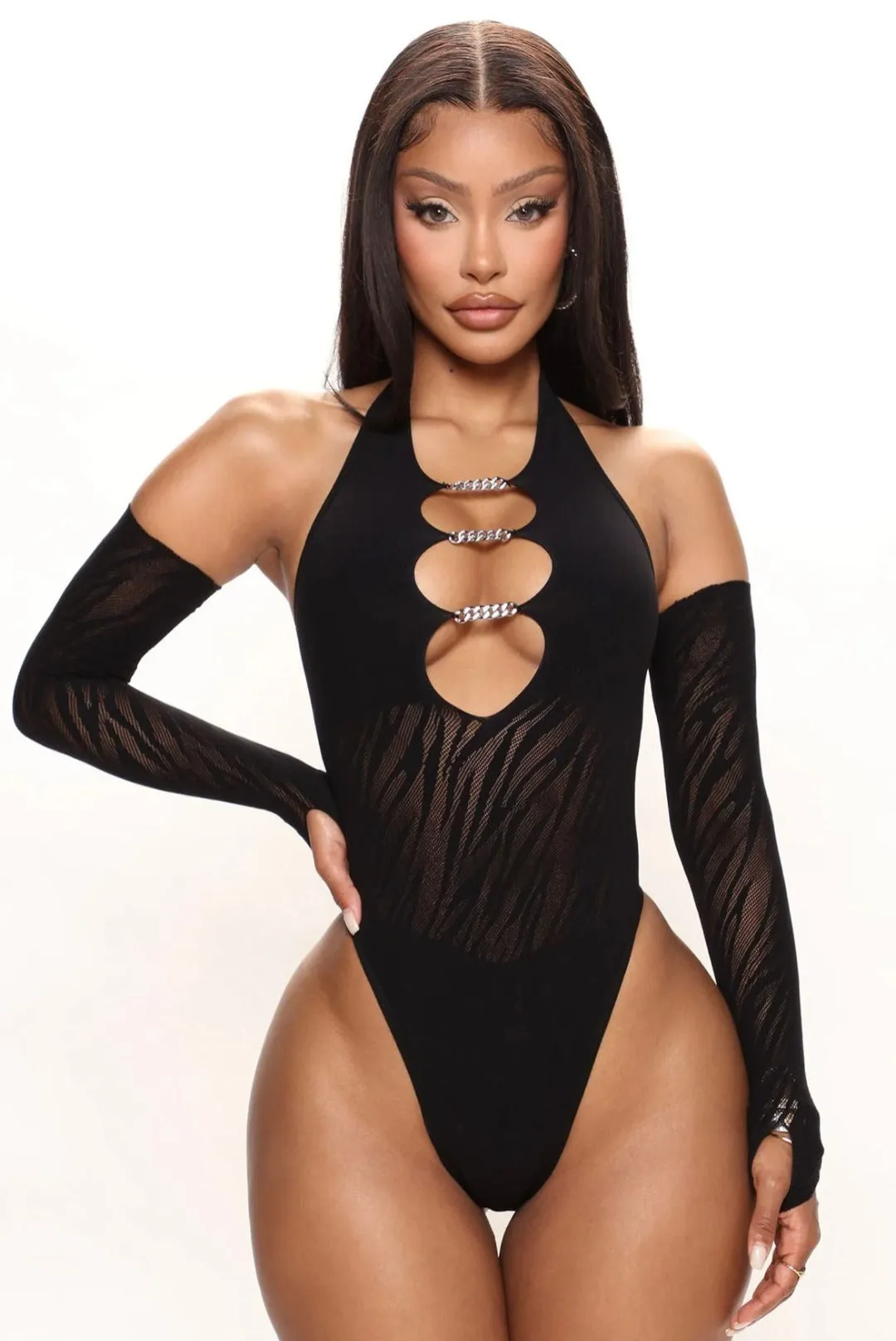 Body 'Sassy Gal' - Body dama, negru, modelator, detalii din strasuri si maneci detasabile