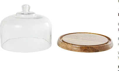 BROWN MANGO WOOD CAKE STAND WITH GLASS CLOCHE, 10" X 10" X 8"