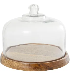 BROWN MANGO WOOD CAKE STAND WITH GLASS CLOCHE, 10" X 10" X 8"