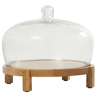 BROWN MANGO WOOD ELEVATED CAKE STAND WITH GLASS DOME COVER, 12" X 12" X 10"