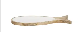 BROWN MANGO WOOD FISH TRAY WITH WHITE ENAMELED INTERIOR, 20" X 8" X 1"