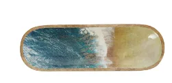 BROWN MANGO WOOD HANDMADE OCEAN INSPIRED TRAY WITH COLORFUL ENAMELED INTERIOR, 16" X 6" X 2"