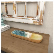 BROWN MANGO WOOD HANDMADE OCEAN INSPIRED TRAY WITH COLORFUL ENAMELED INTERIOR, 16" X 6" X 2"