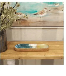 BROWN MANGO WOOD HANDMADE OCEAN INSPIRED TRAY WITH COLORFUL ENAMELED INTERIOR, 16" X 6" X 2"