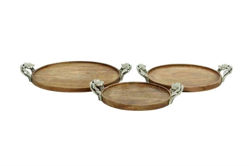 BROWN MANGO WOOD TRAY WITH METAL HANDLES,