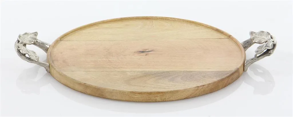 BROWN MANGO WOOD TRAY WITH METAL HANDLES,