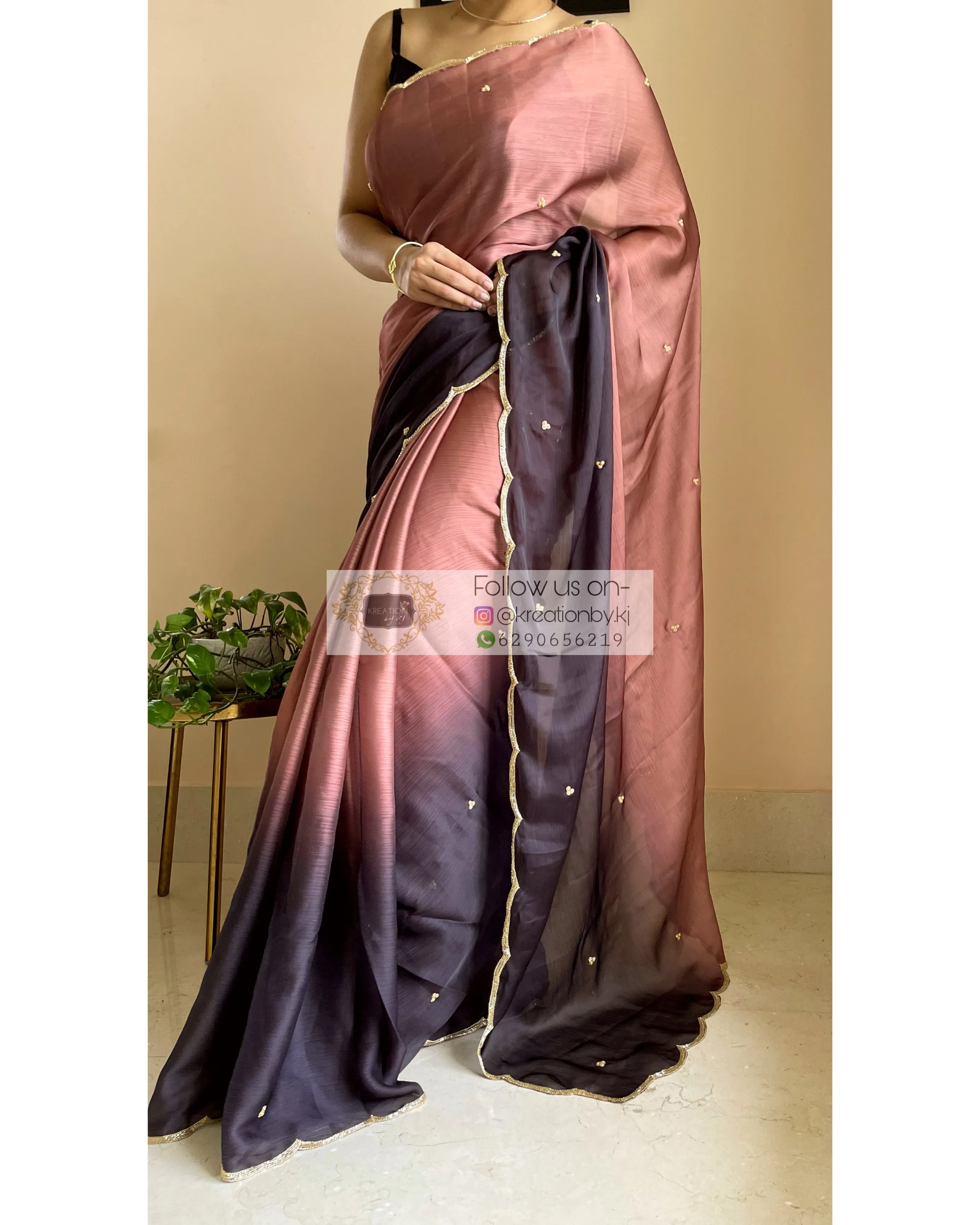 Chai Coffee Crepe Silk Saree with Handembroidered Scalloping