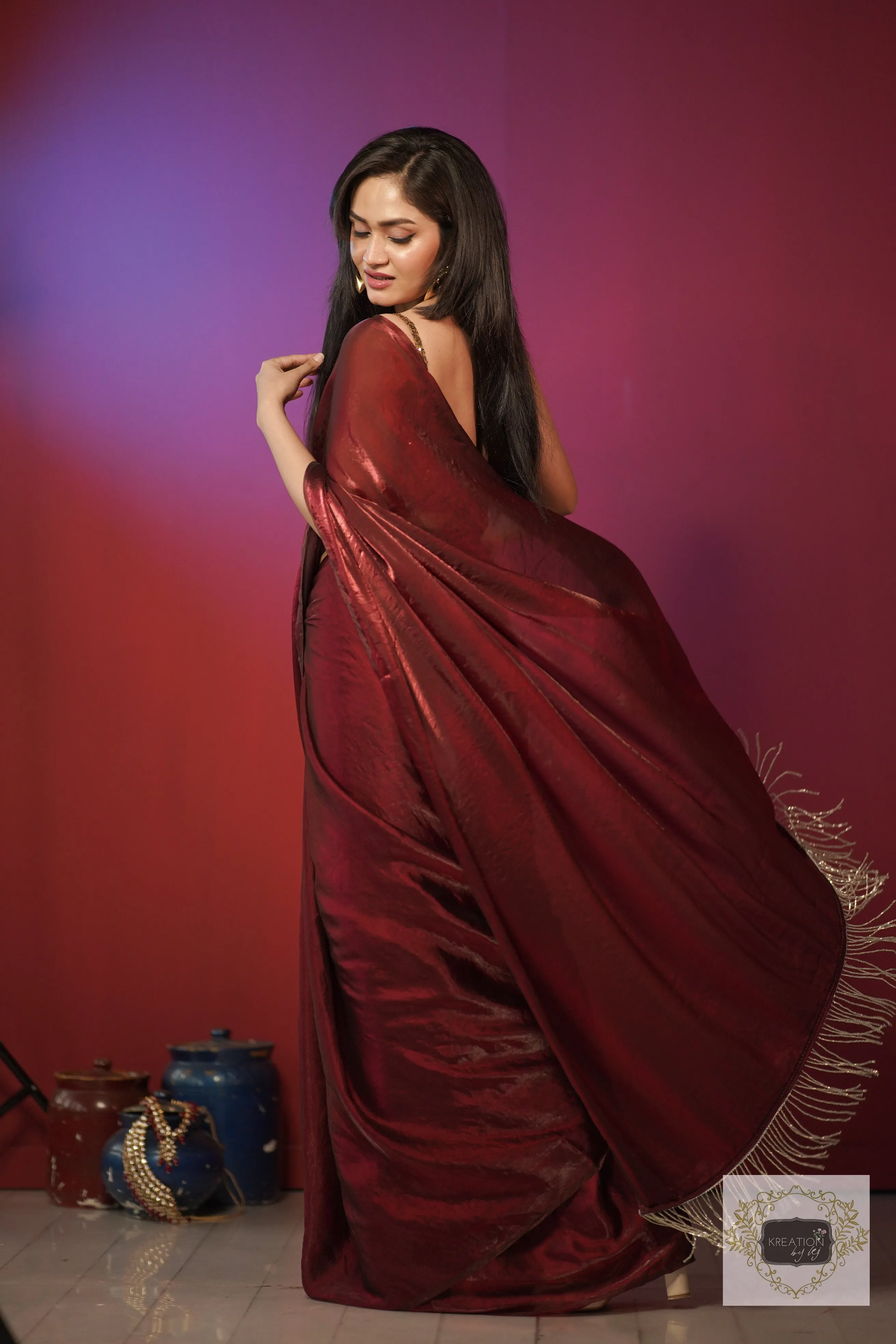 Cheery Wine Shimmer Satin Saree with Hand made Tassels on Pallu