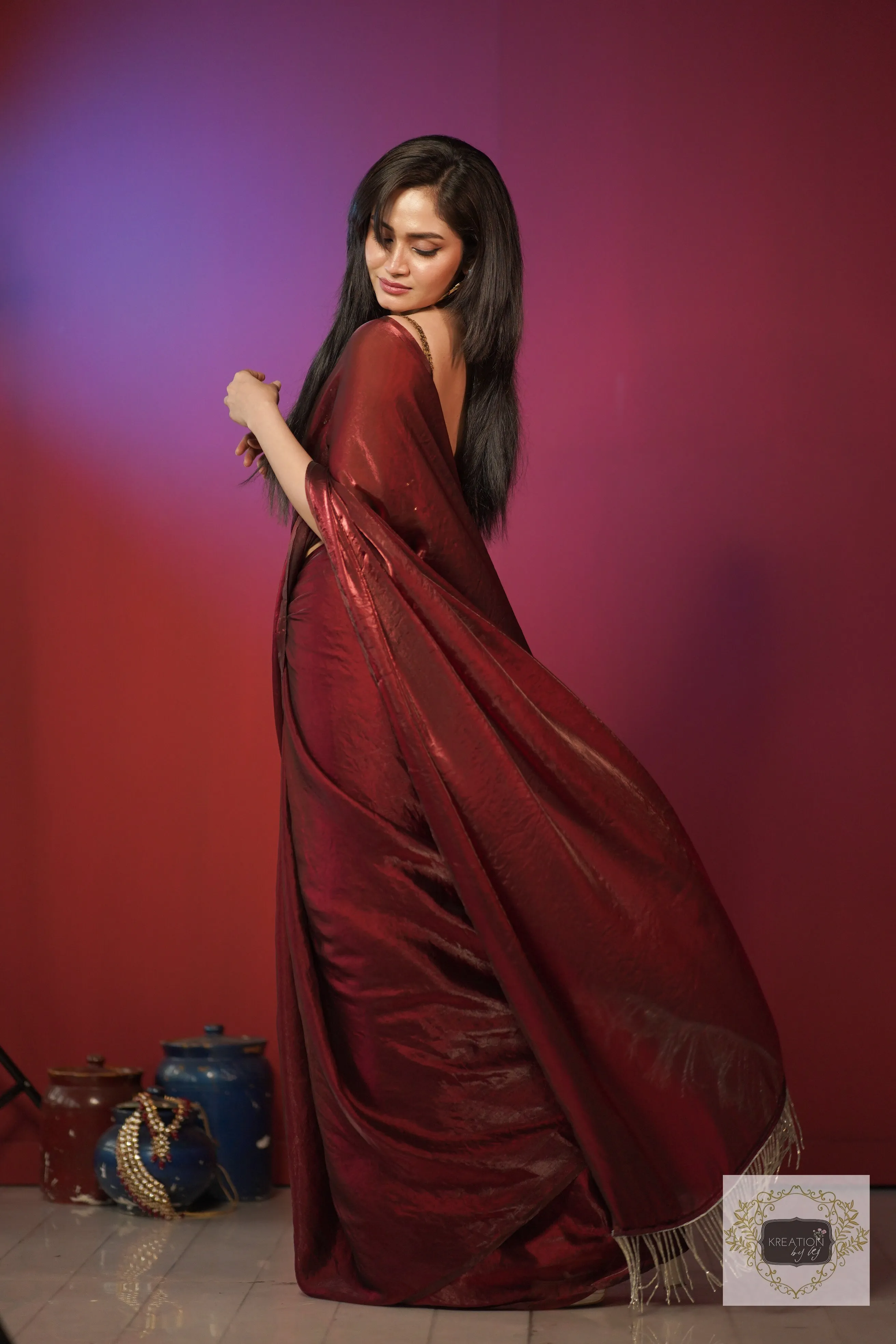 Cheery Wine Shimmer Satin Saree with Hand made Tassels on Pallu