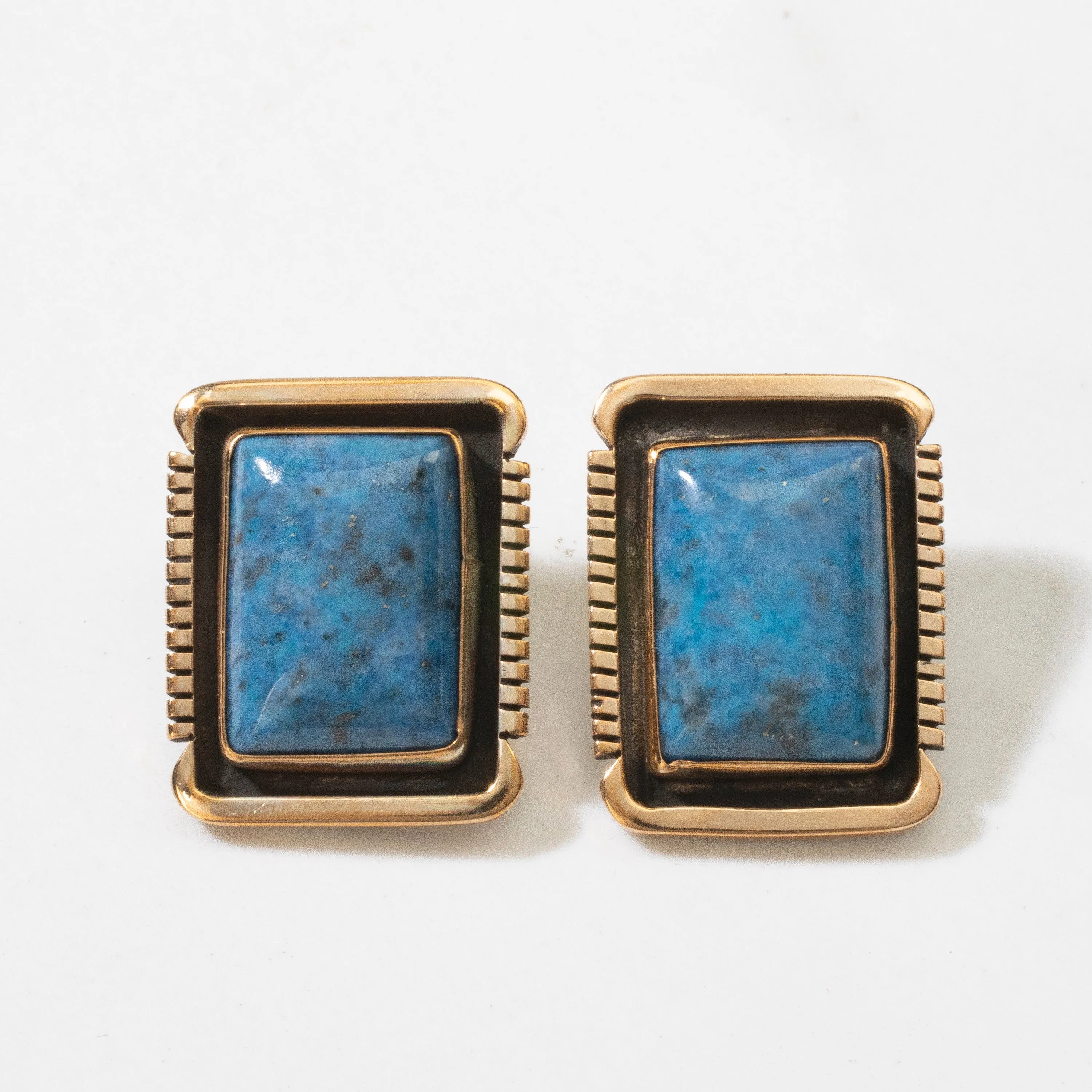 Denim Lapis Rectangular Navajo USA Native American Made 925 Sterling Silver & Gold Filled Earrings with Clip On Backing