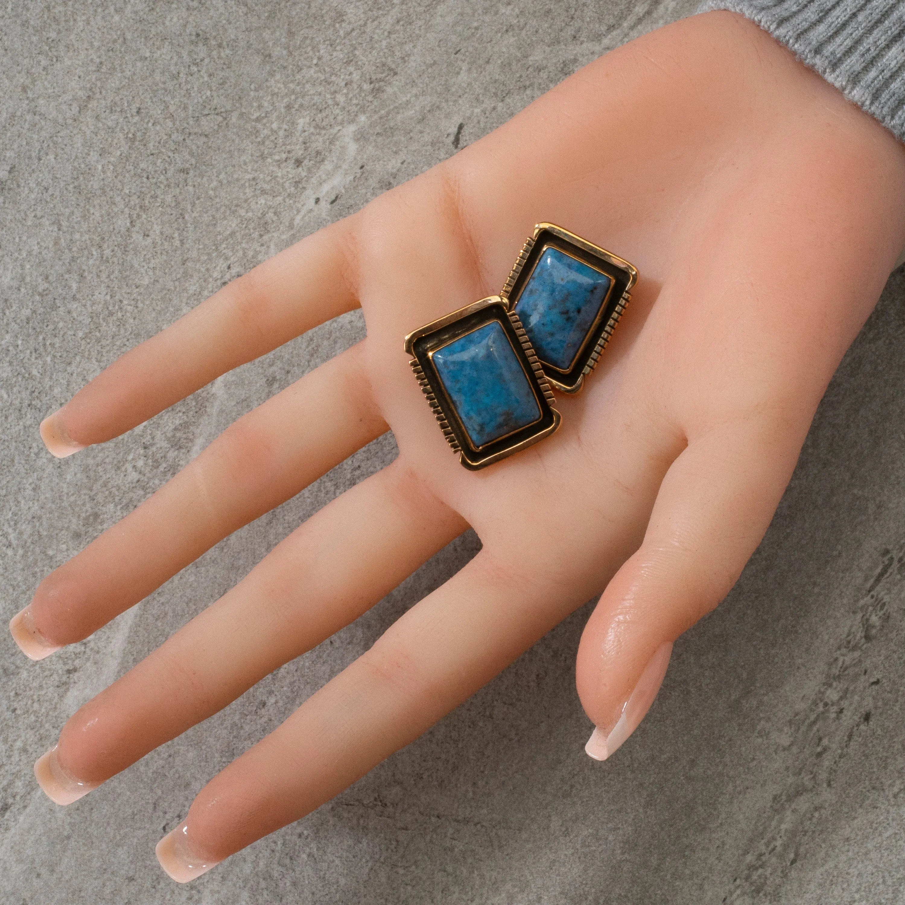 Denim Lapis Rectangular Navajo USA Native American Made 925 Sterling Silver & Gold Filled Earrings with Clip On Backing