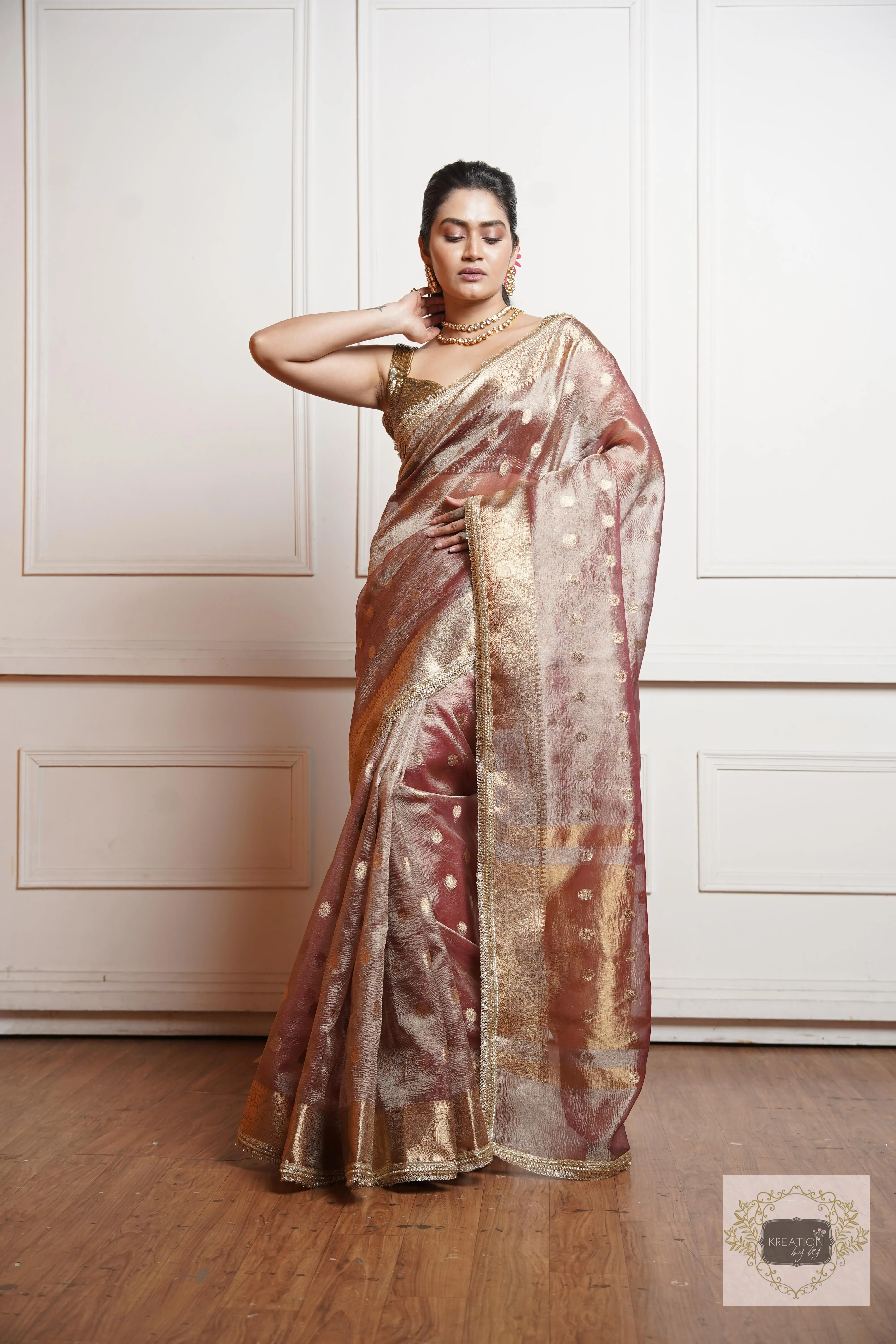 Dusty Mauve Tissue Banarasi Saree with Golden Border