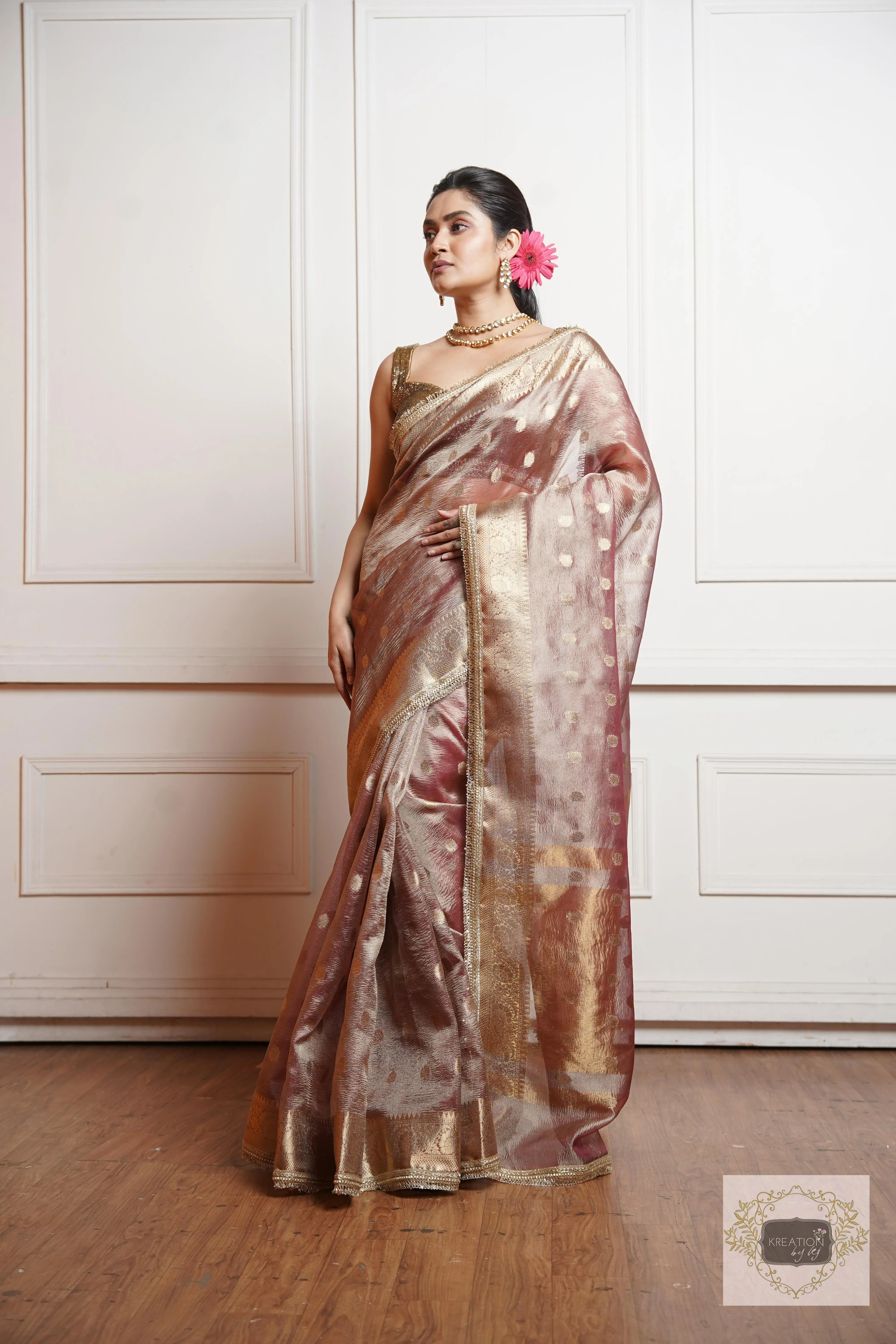 Dusty Mauve Tissue Banarasi Saree with Golden Border