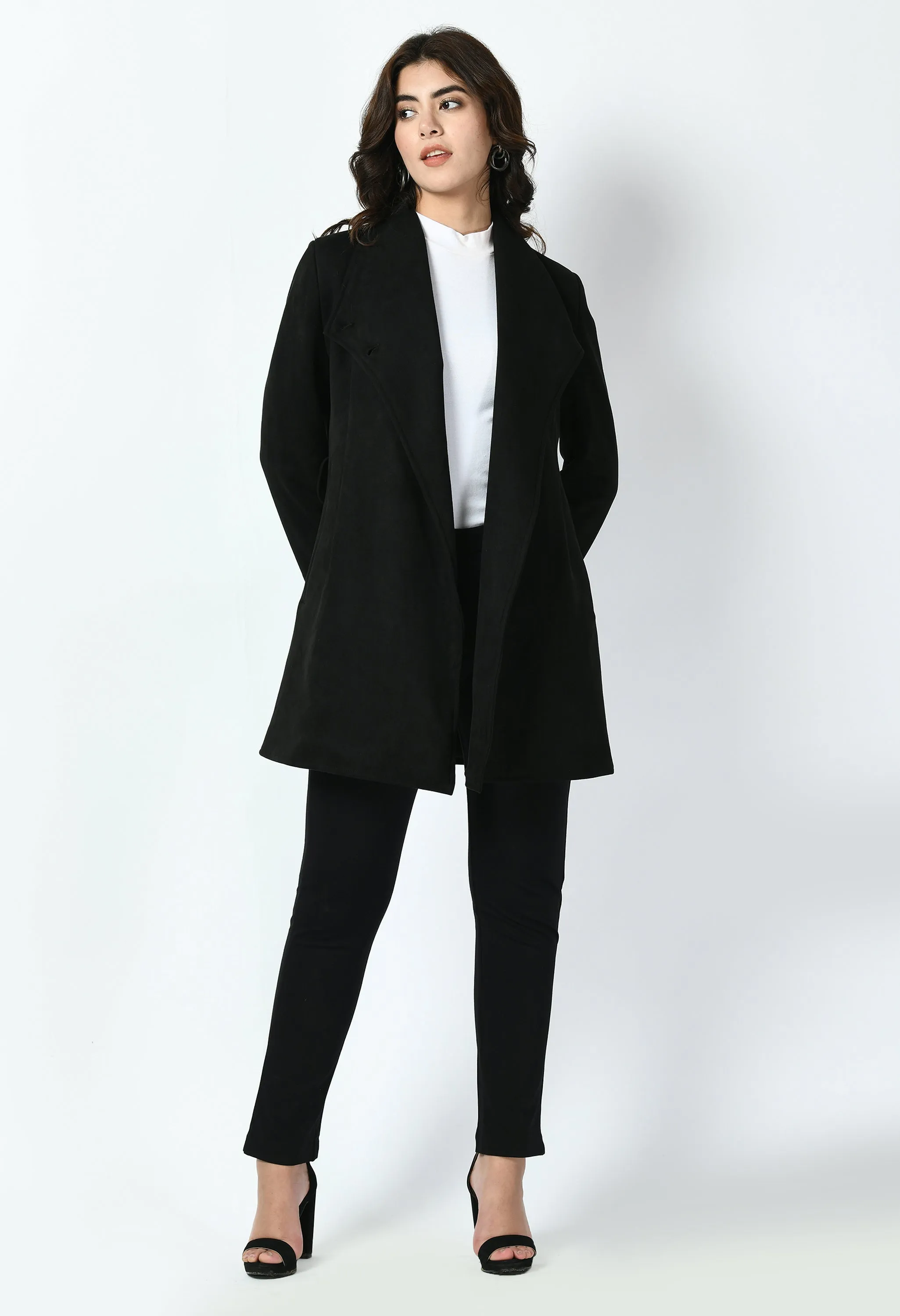 Exude Spark Suede Leather Medium Wrap Coat (Black)