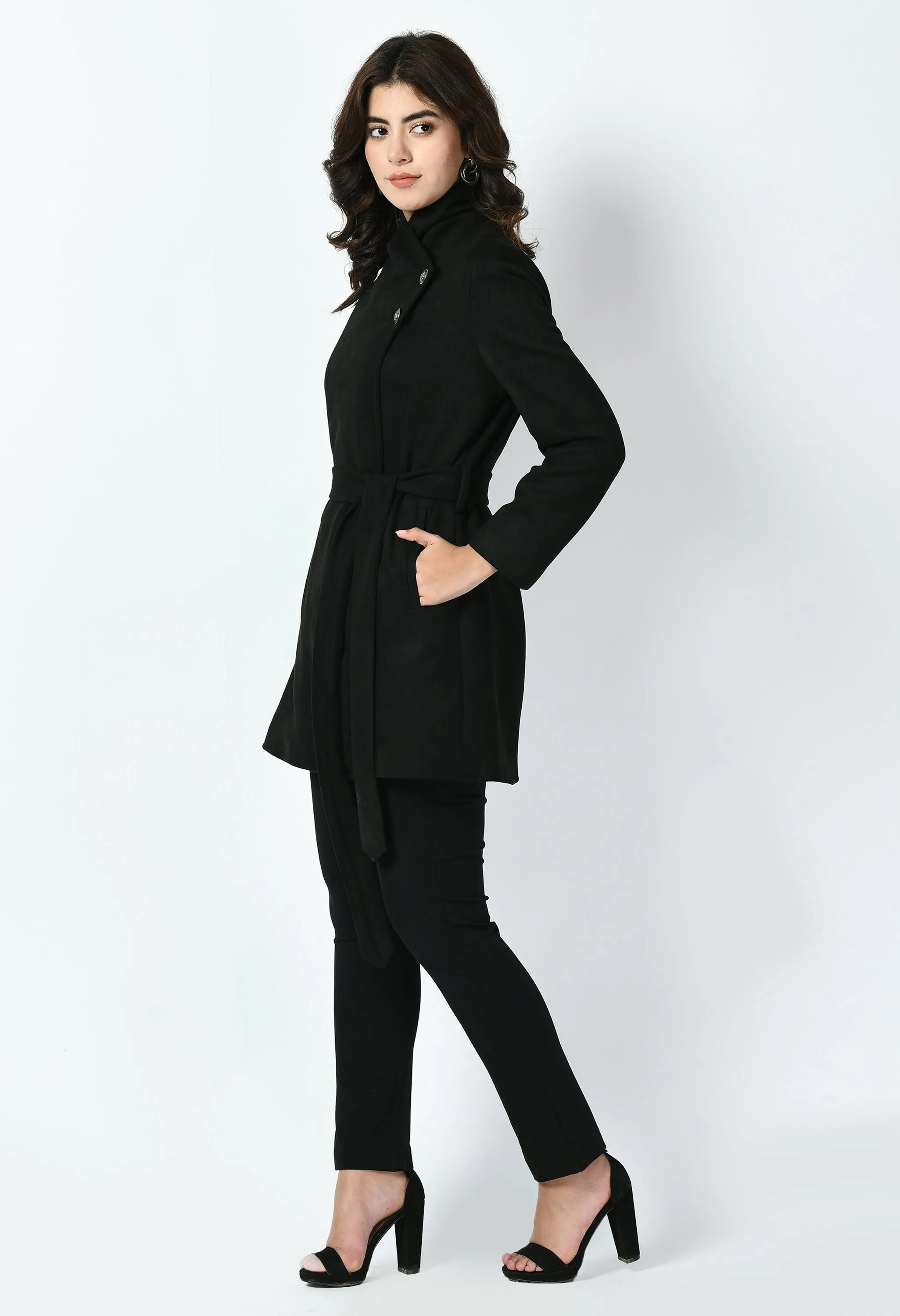 Exude Spark Suede Leather Medium Wrap Coat (Black)