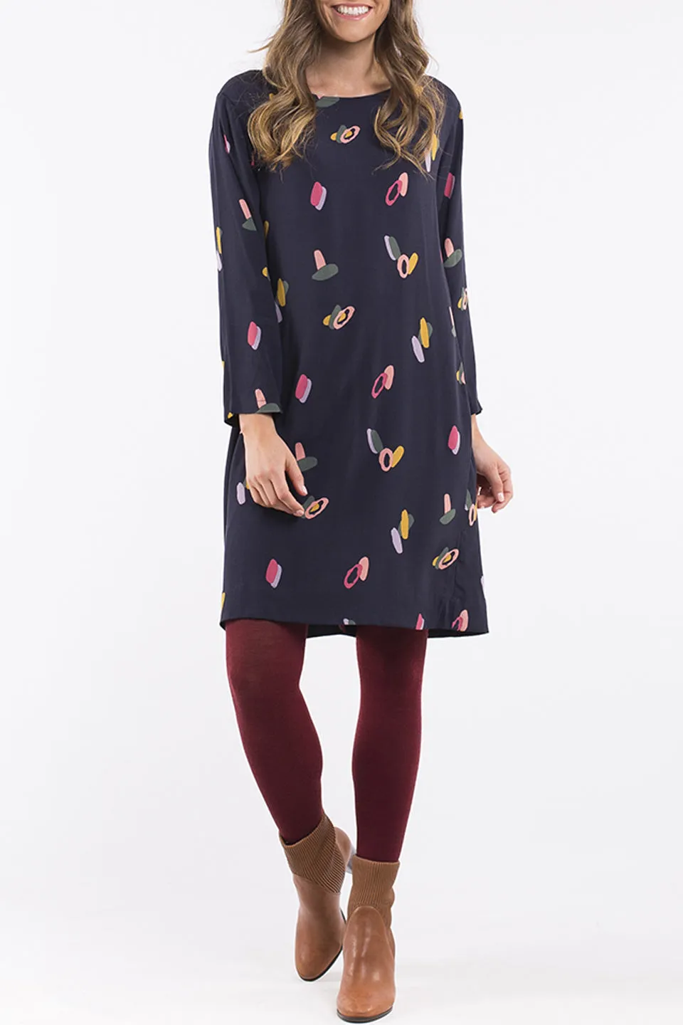 Falling Sherbert LS Navy Dress