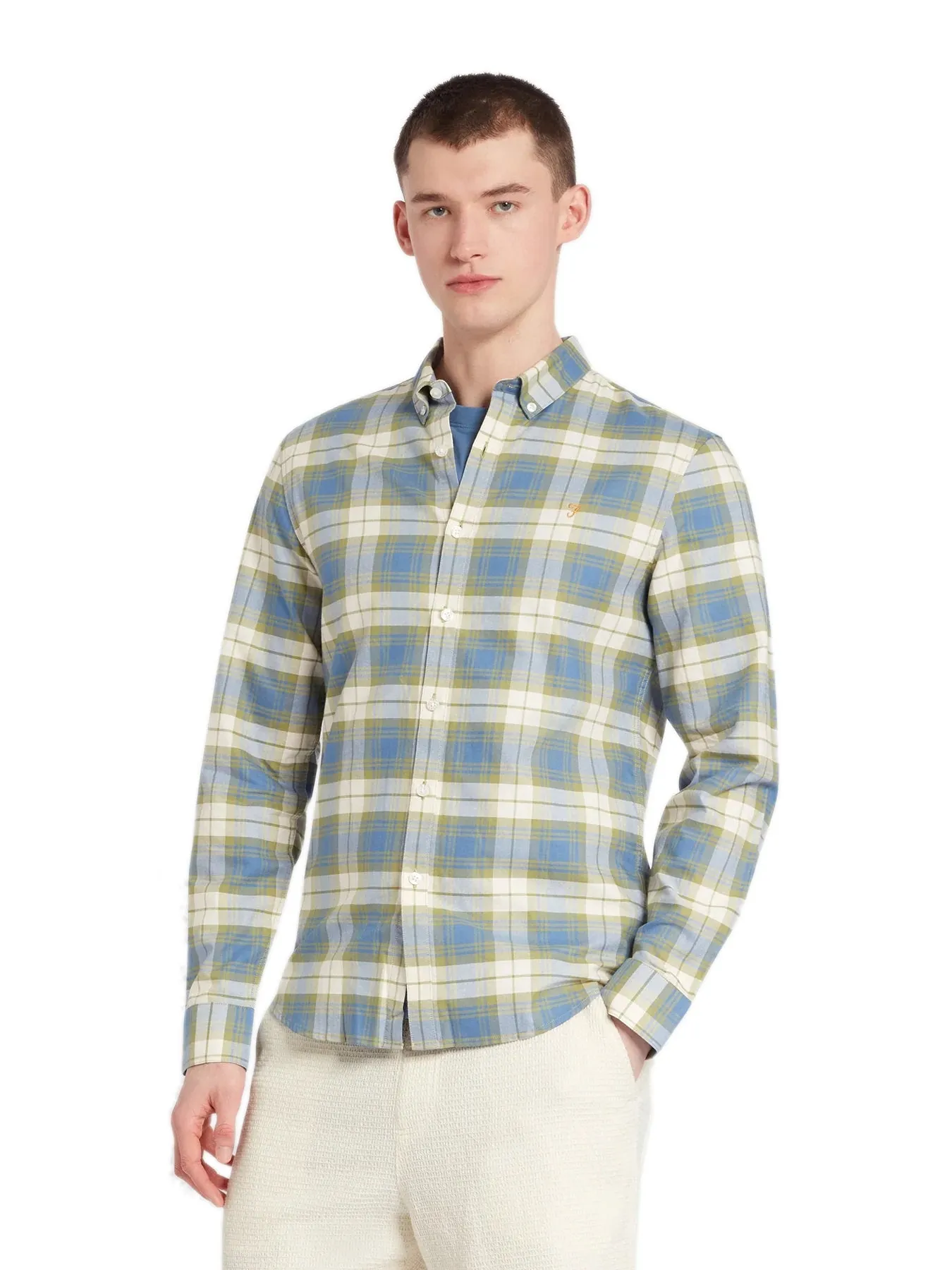 Farah Mens 'Brewer Check' Slim Fit Tartan Oxford Shirt. Long Sleeved