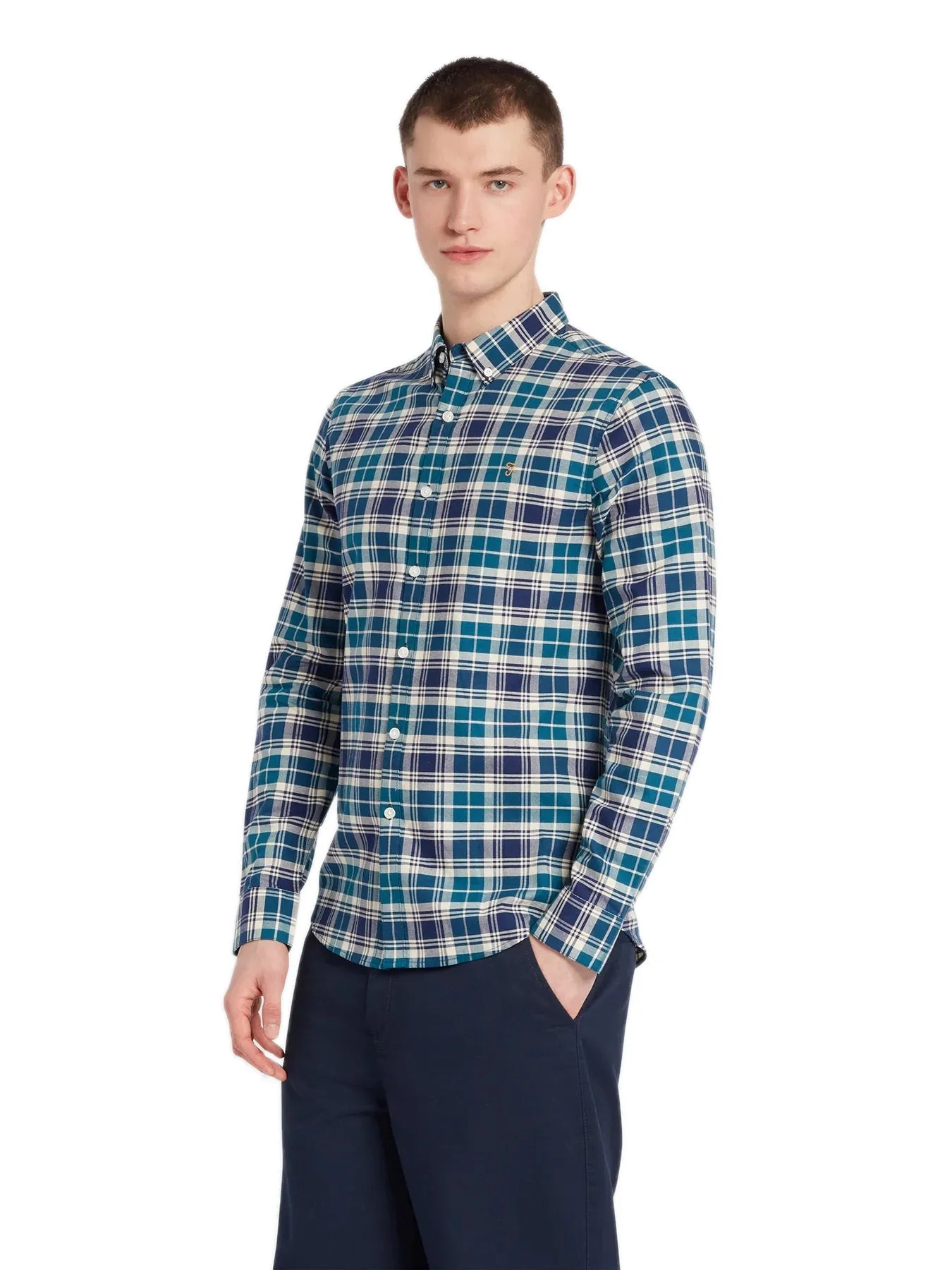 Farah Mens 'Brewer Check' Slim Fit Tartan Oxford Shirt. Long Sleeved