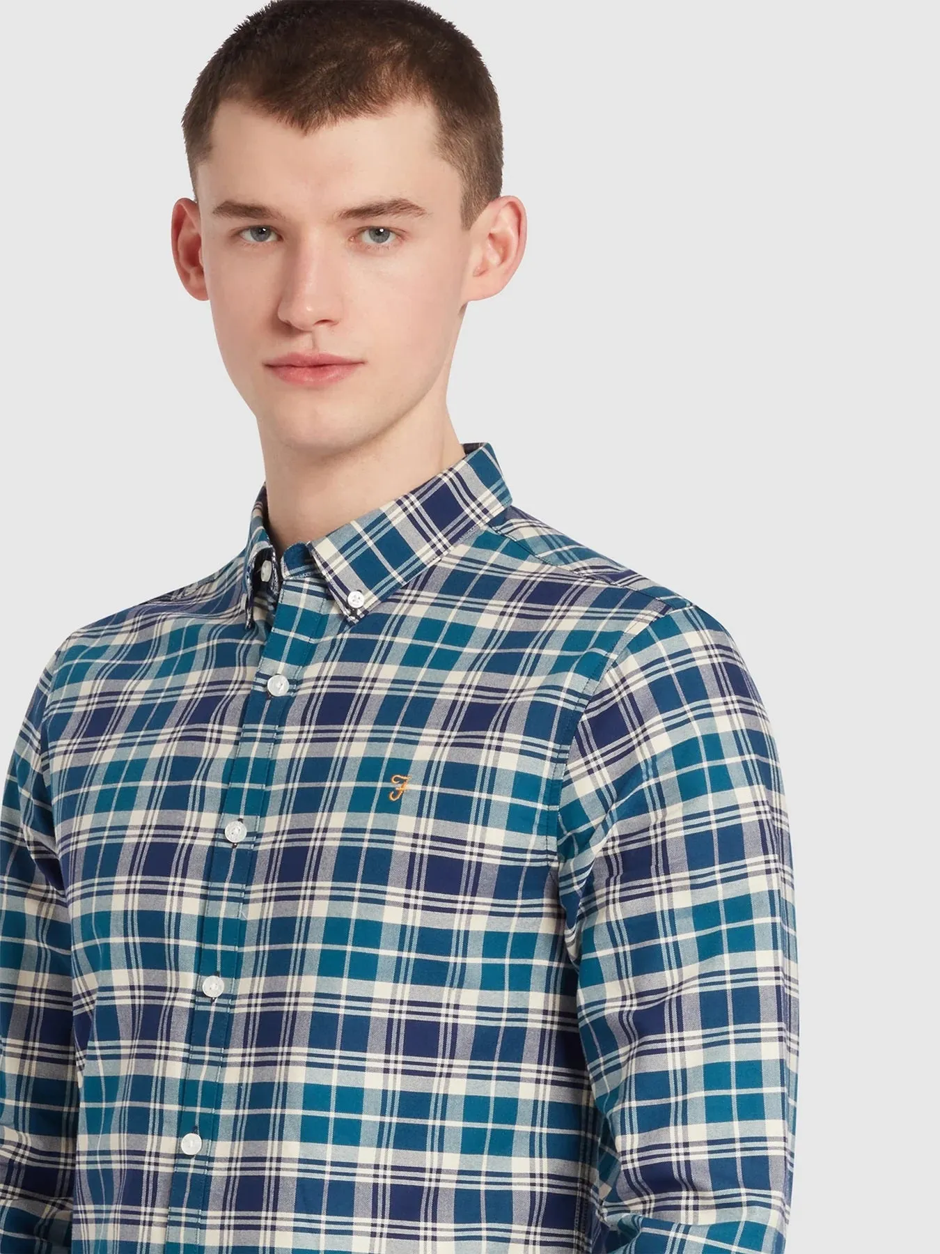 Farah Mens 'Brewer Check' Slim Fit Tartan Oxford Shirt. Long Sleeved