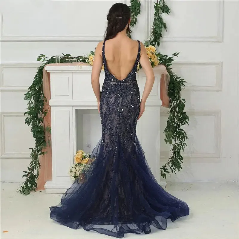 Gal Feather Beading Evening Dress